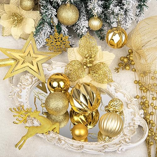Miniatura 3 de Ouddy Decor Juego de 105 piezas de decoración para árbol de Navidad, varios adornos de bolas de Navidad doradas inastillables, bayas de nochebuena,