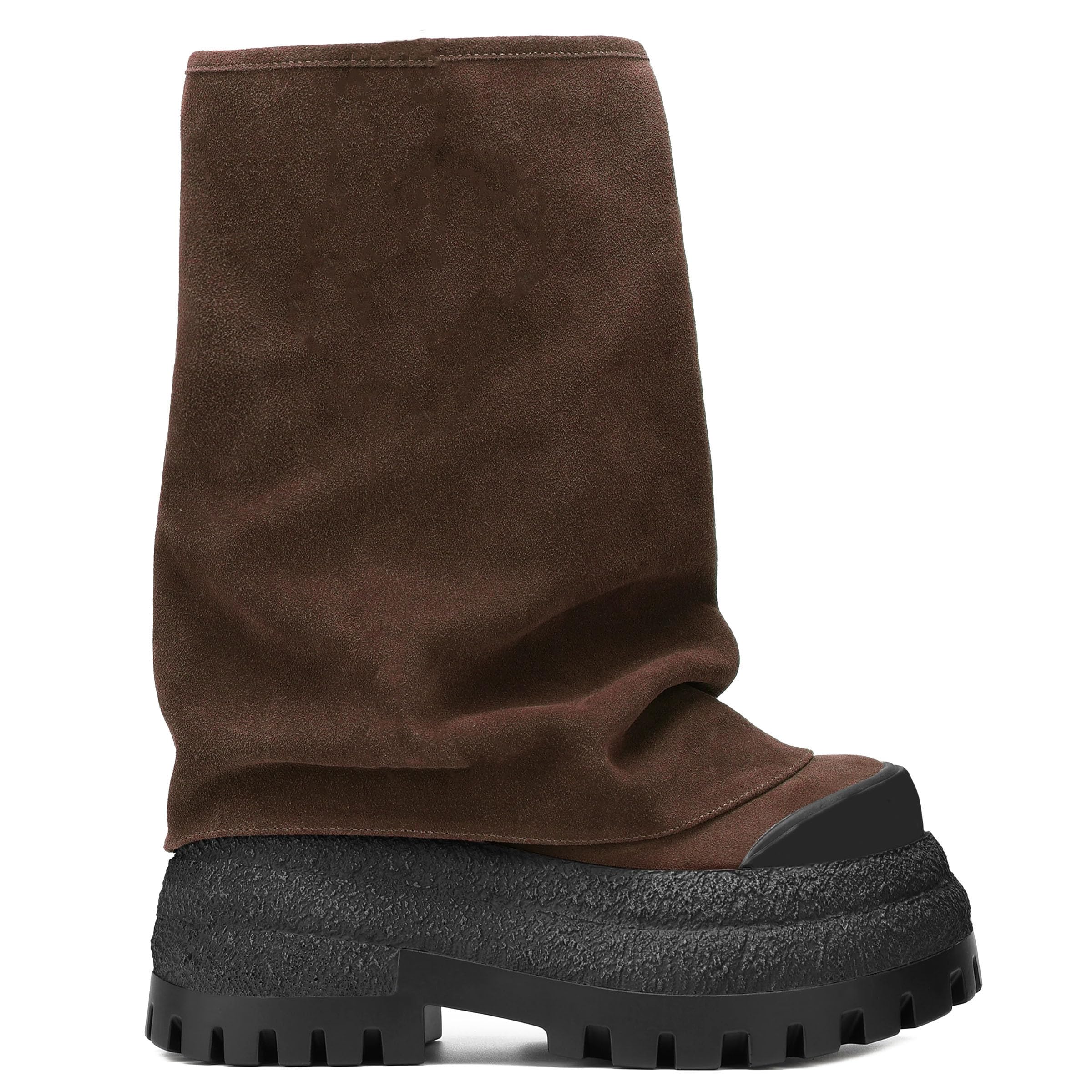 Platform Boots for Women Pull On Mid Calf Fold Over Boots Round Toe Wide Calf Boot Chunky Block
