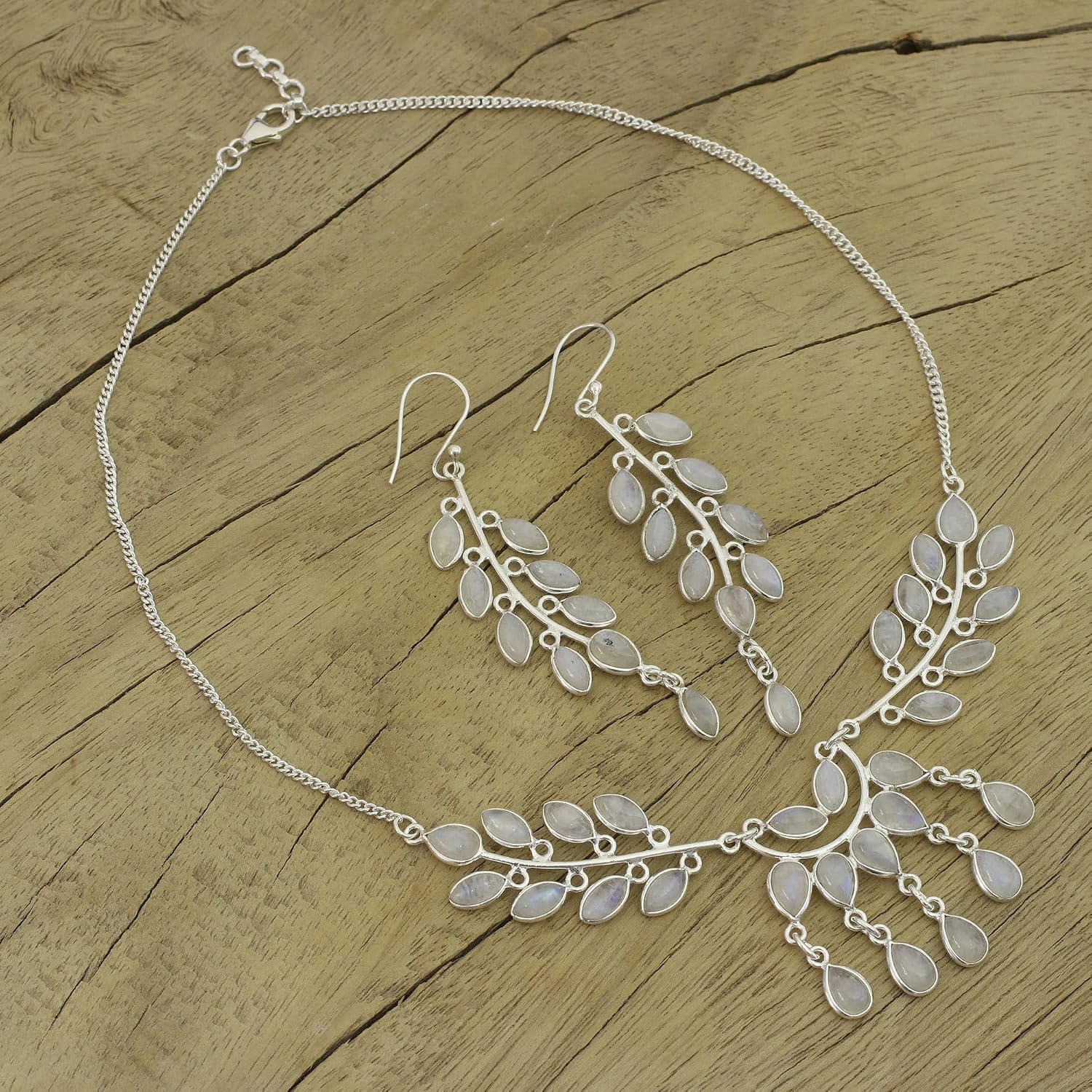 NOVICA Artisan Handmade Rainbow Moonstone Jewelry Set Sterling Silver Link India Floral Good Fortune Birthstone [necklace 15.75 in L x 1.4 in W Earrings 2.8 in L x 0.6 in W] ' Falling Leaves'