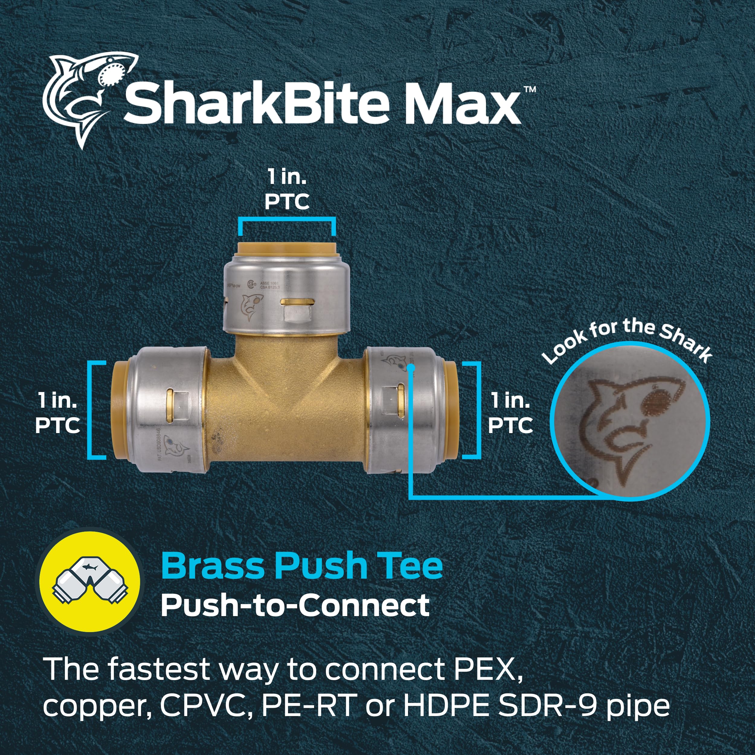 SharkBite Max 1 pulgada Tee, empuje para conectar latón accesorio de fontanería, tubo PEX, cobre, CPVC, PE-RT, HDPE, UR374A