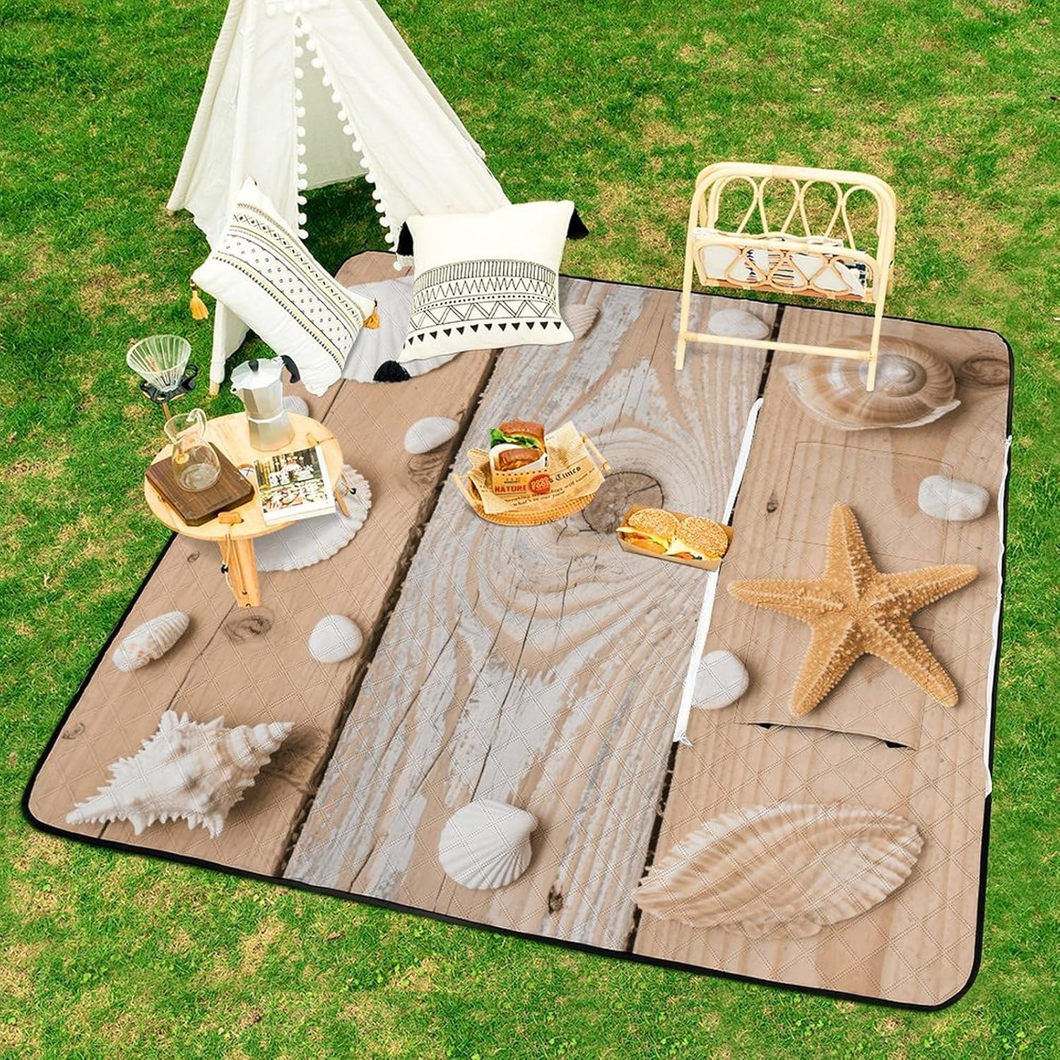 Ocean Beach Sands Picnic Blanket 150x150cm, Foldable 2-in-1 Picnic Mat and Tote Bag Portable Waterproof Beach Mat Sandproof Outdoor Blanket for Park, Hiking, Beach, Camping, Travel