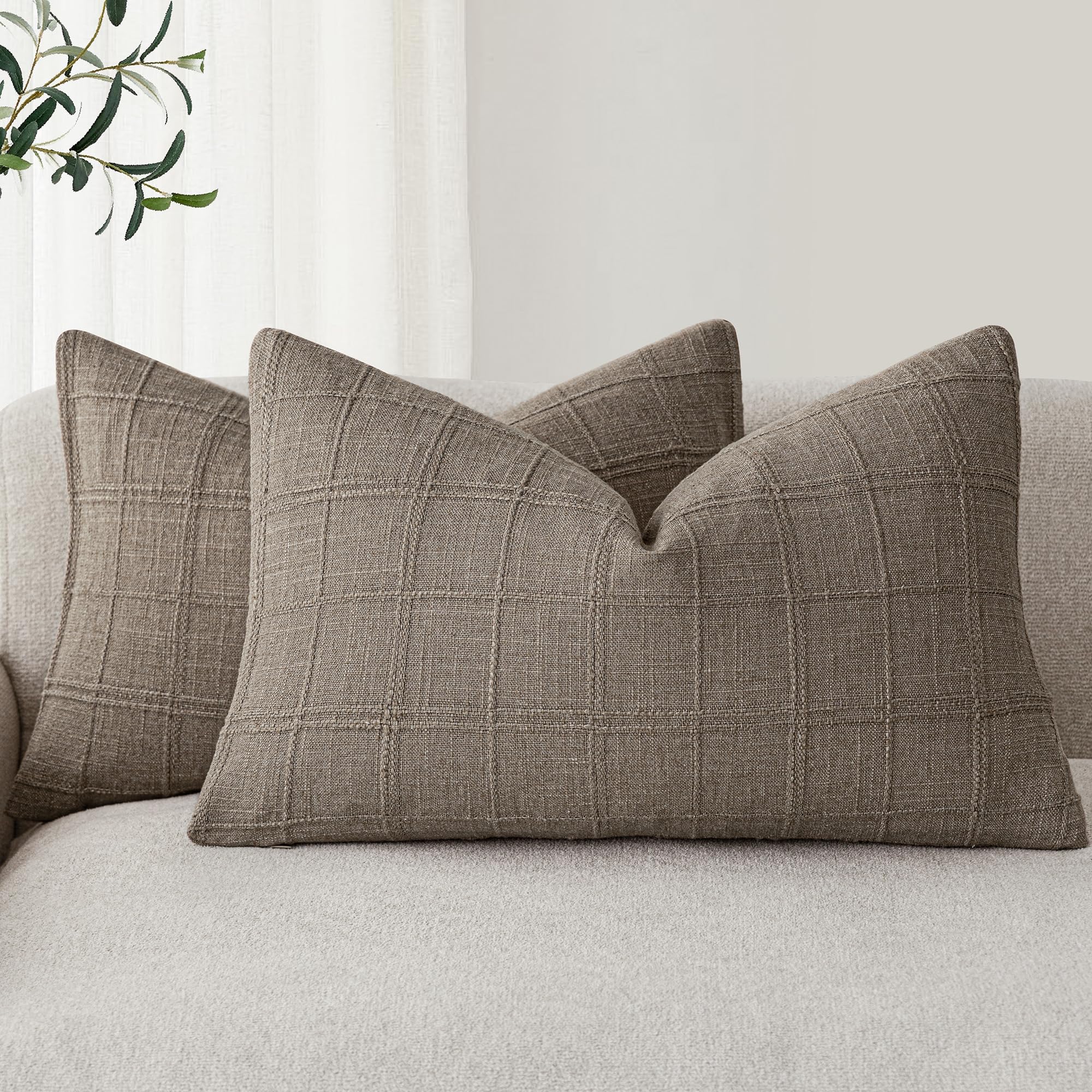 Foindtower Textured Linen Check Lumbar Throw Pillow Covers 12×20 Tan Taupe