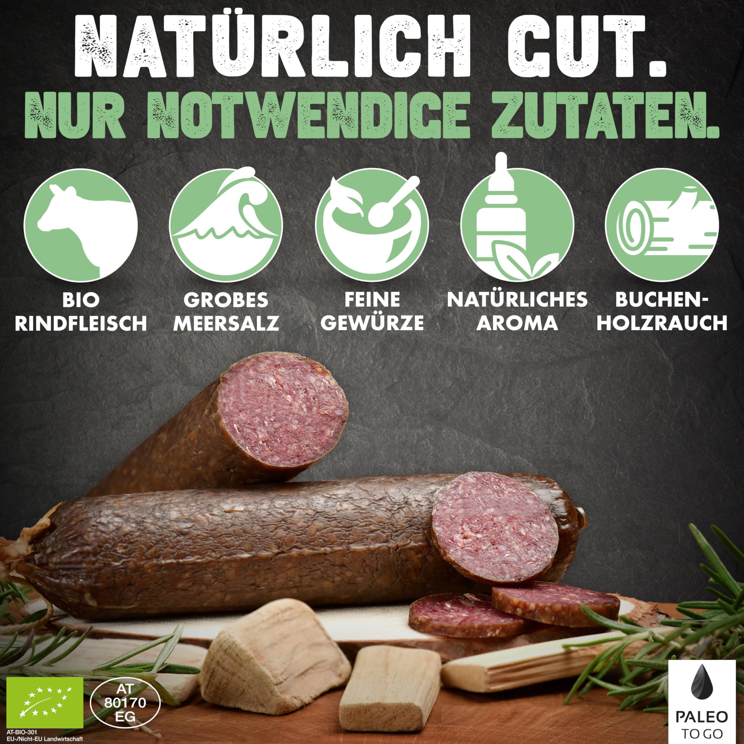 PALEO TO GO Bio Rind Snack Bundle, Rind Kaminwurzen, Beefy Salami und Beef Jerky aus Bio Rindfleisch, High Protein, Low Carb, zuckerfrei, glutenfrei, luftgetrocknet und ohne Konservierungsstoffe