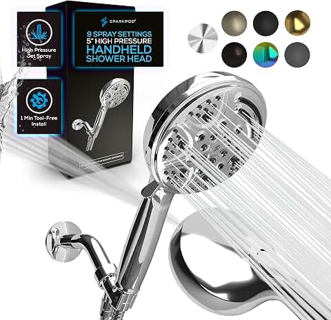 SparkPod 5 Inch 9 Spray Setting Handheld Shower Head - Water Saving Pause With On/Off Switch - Tool-Free 1-