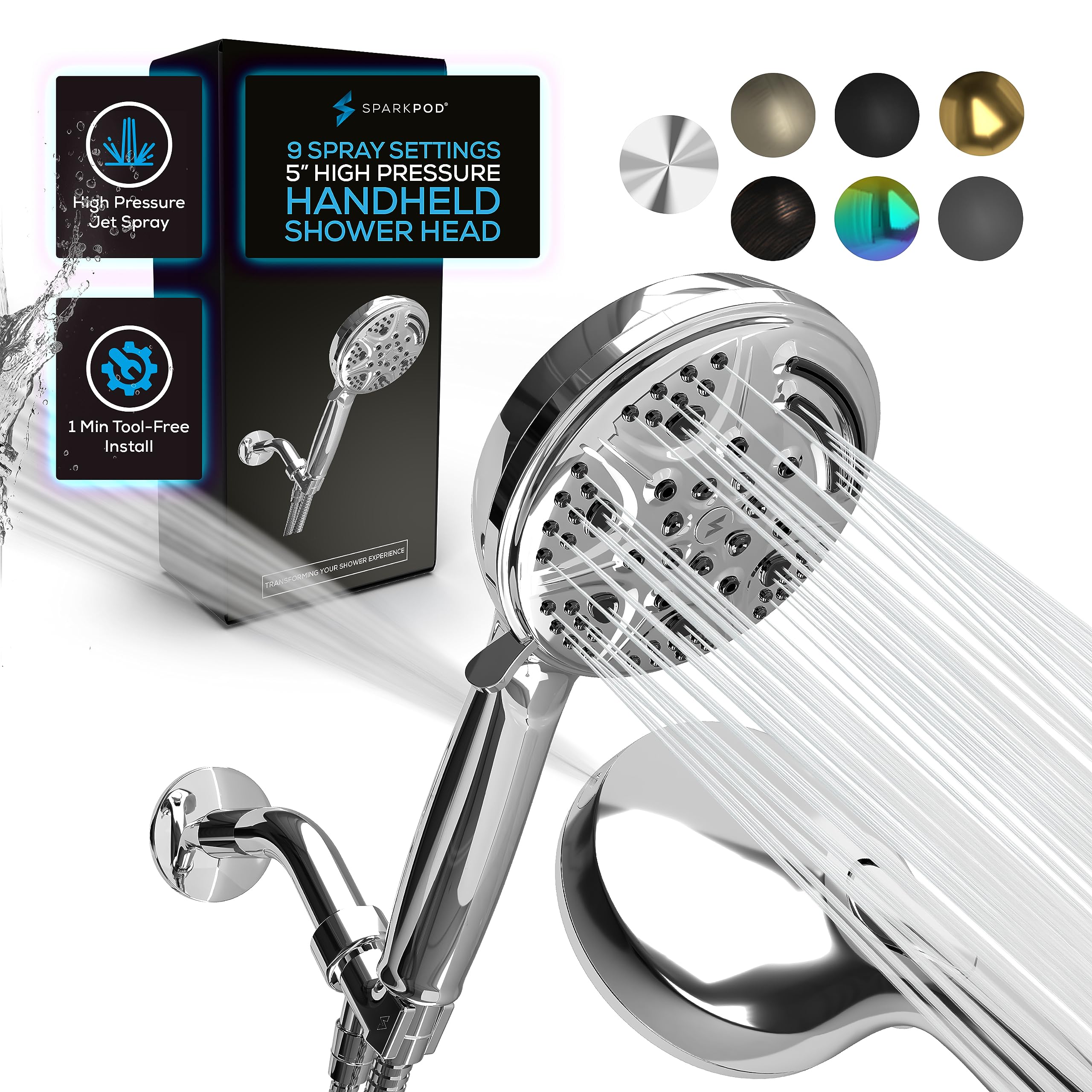 SparkPod 5 Inch 9 Spray Setting Handheld Shower Head - Water Saving Pause With On/Off Switch - Tool-Free 1-Min Install - Pulsating Rain Mode - Relaxing Rain Shower With Soothing Mist - Luxury Chrome