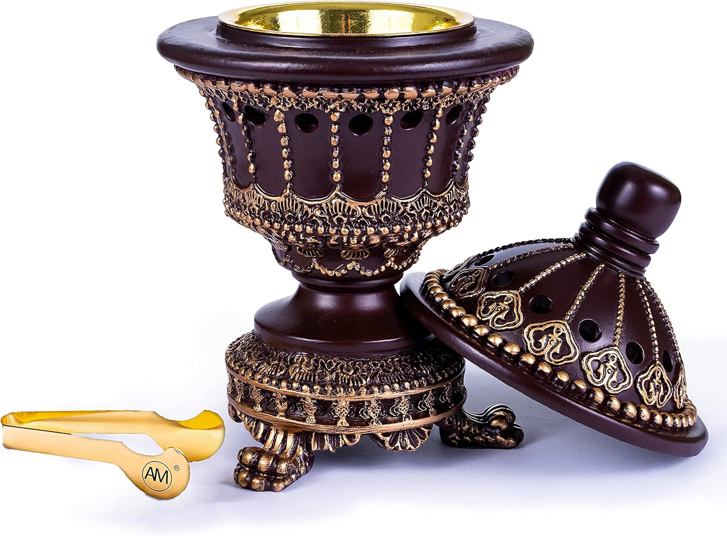 AM Incense Burner Frankincense Resin - Luxury Chalice (Brown) and Bakhoor Ateeq Incense 3 Pack (40g) Bundle