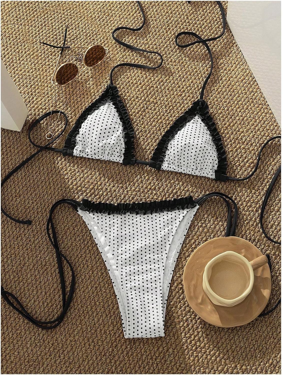 MakeMeChic Women's Polka Dots Triangle Thong Bikini Sets Gingham Halter Cute Swimsuit Bathing Suit