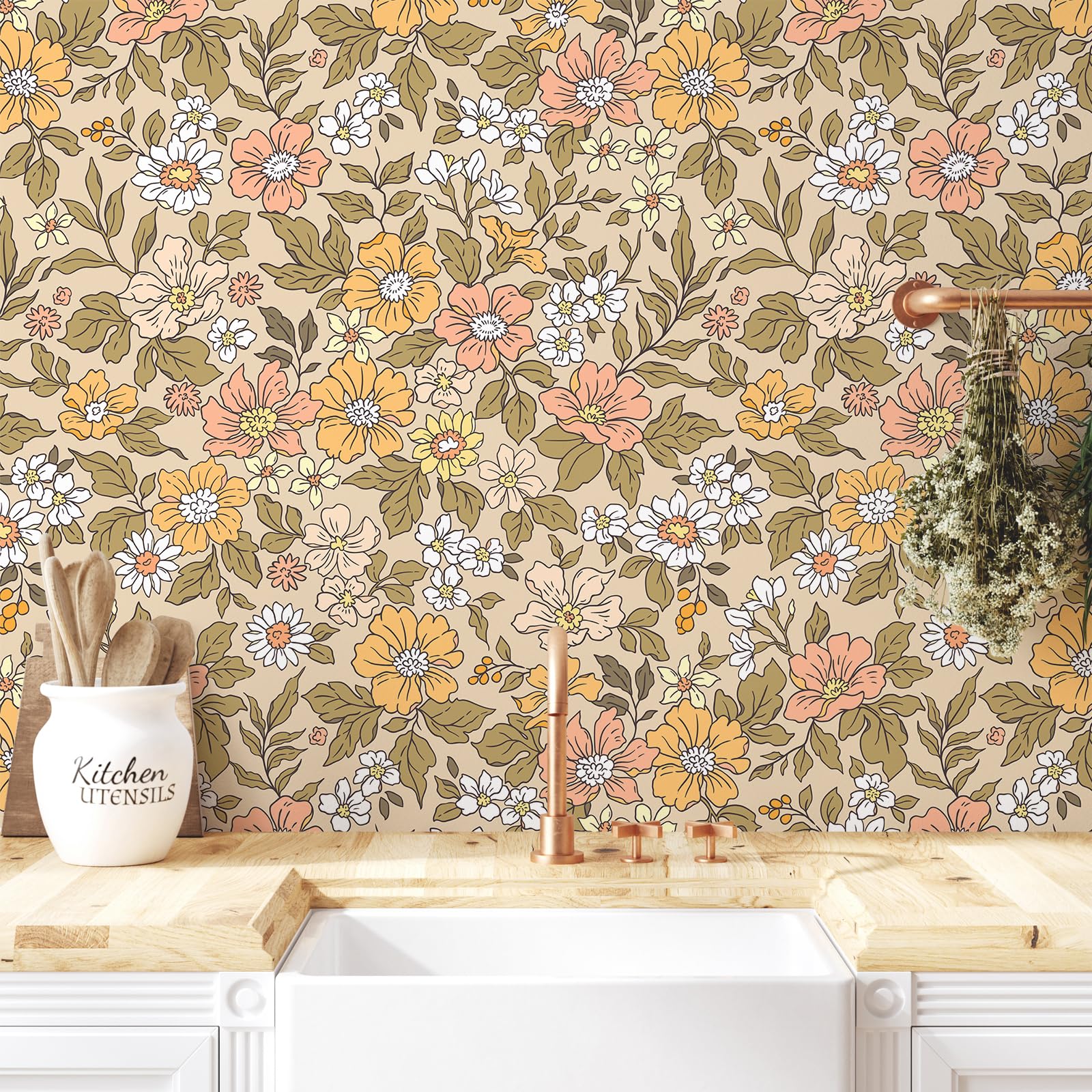 VEELIKE Beige Pink Meadow Floral Wallpaper Vintage Poppy Flower Wallpaper Peel and Stick Contact Paper for Furniture Beige Patterned Wallpaper for Girls Bedroom Nursery Bathroom Removable 44.5cm×300cm - Image 4