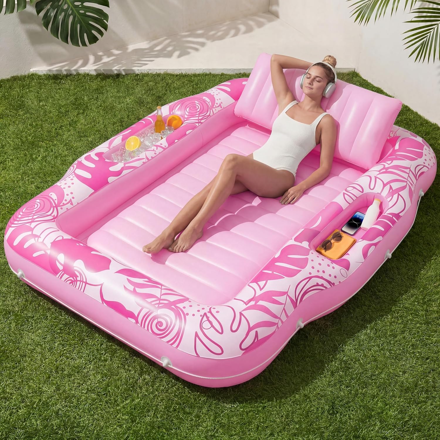 SLOOSH Inflatable Tanning Pool Lounger Float, 70" x 53" Pool Floats Adult with Cooler, 6 in 1 Suntan Tub Raft Floatie,Sunbathing Bed Lounge for Water Blow Up Ball Pit Party Gifts