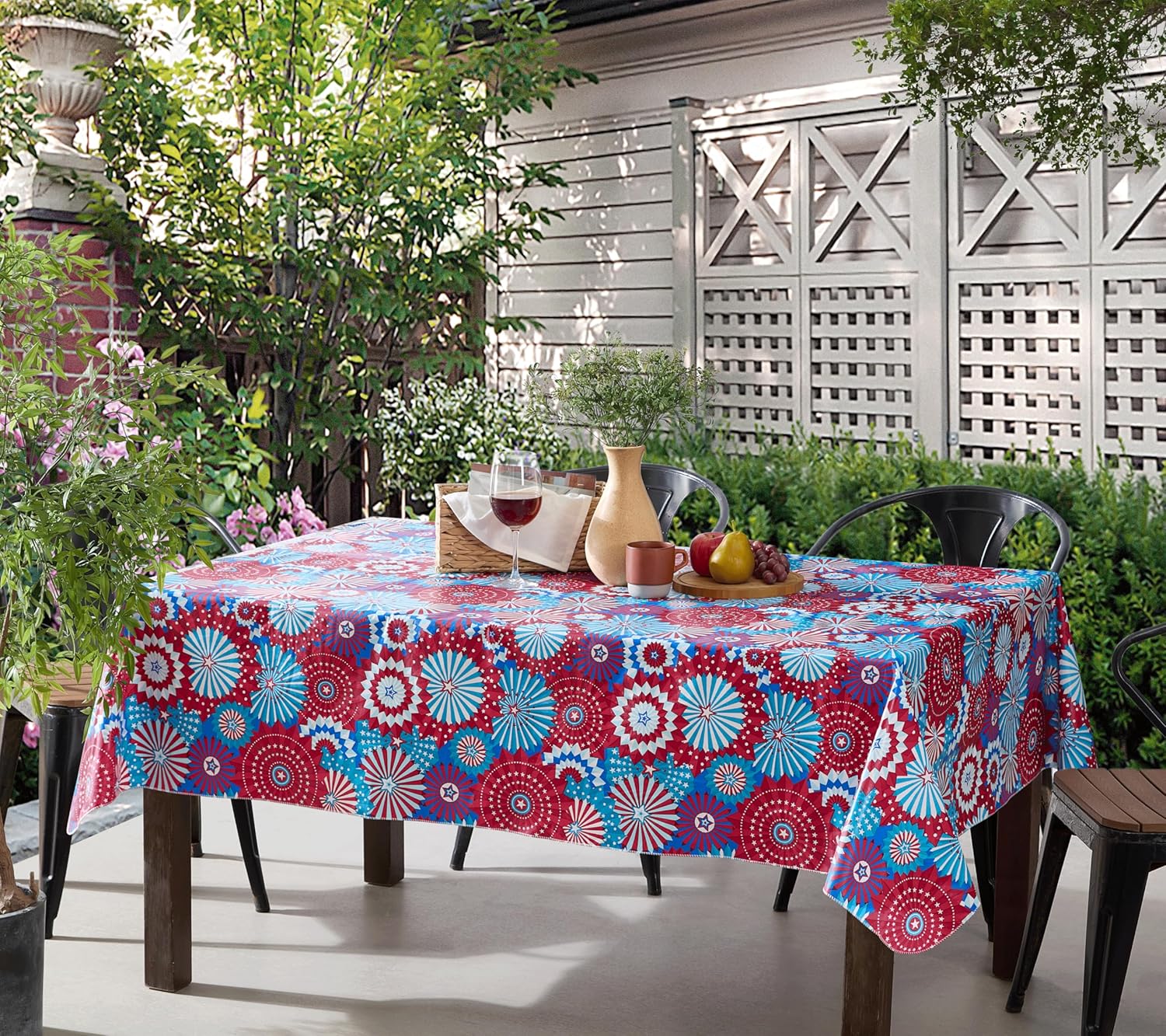 Newbridge Rectangle Vinyl Tablecloth with Flannel Backing, 60 x 102 Inch, USA Pinwheel, Indoor/Outdoor Vinyl Table Cover, Red, White and Blue Celebration