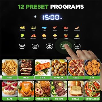 Nutrichef Electric Air Fryer Tenderizer 6.3 Quart | 12-1 Preset Cooking Functions | Includes Tenderizing Function | Digital Display | Transparent Window For Best Cooking Results | Black