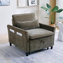 Sleeper Chair Pull Out Bed,Chenille 3 in 1 Convertible Sleeper Couches Single Sofa Chair with Adjustable Backrest for Living Room Bedroom Small Spaces Olive Green