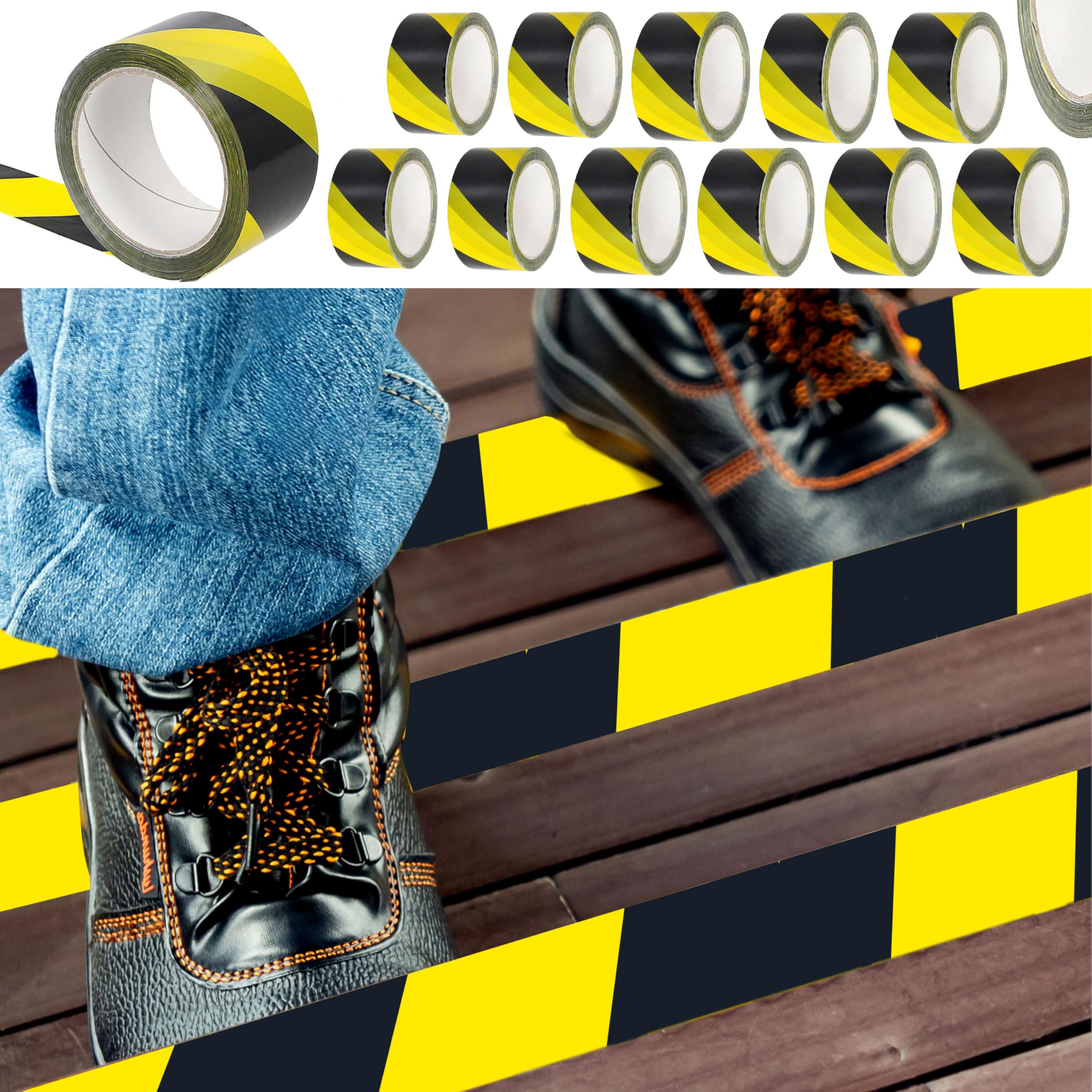 Cepewa Warnklebeband 55mm x 66m 36er Set | Gelb-Schwarz | Starkes Markierungsband für Boden, Lager, Baustelle | Gefahrband & Absperrband mit hoher Sichtbarkeit (36)