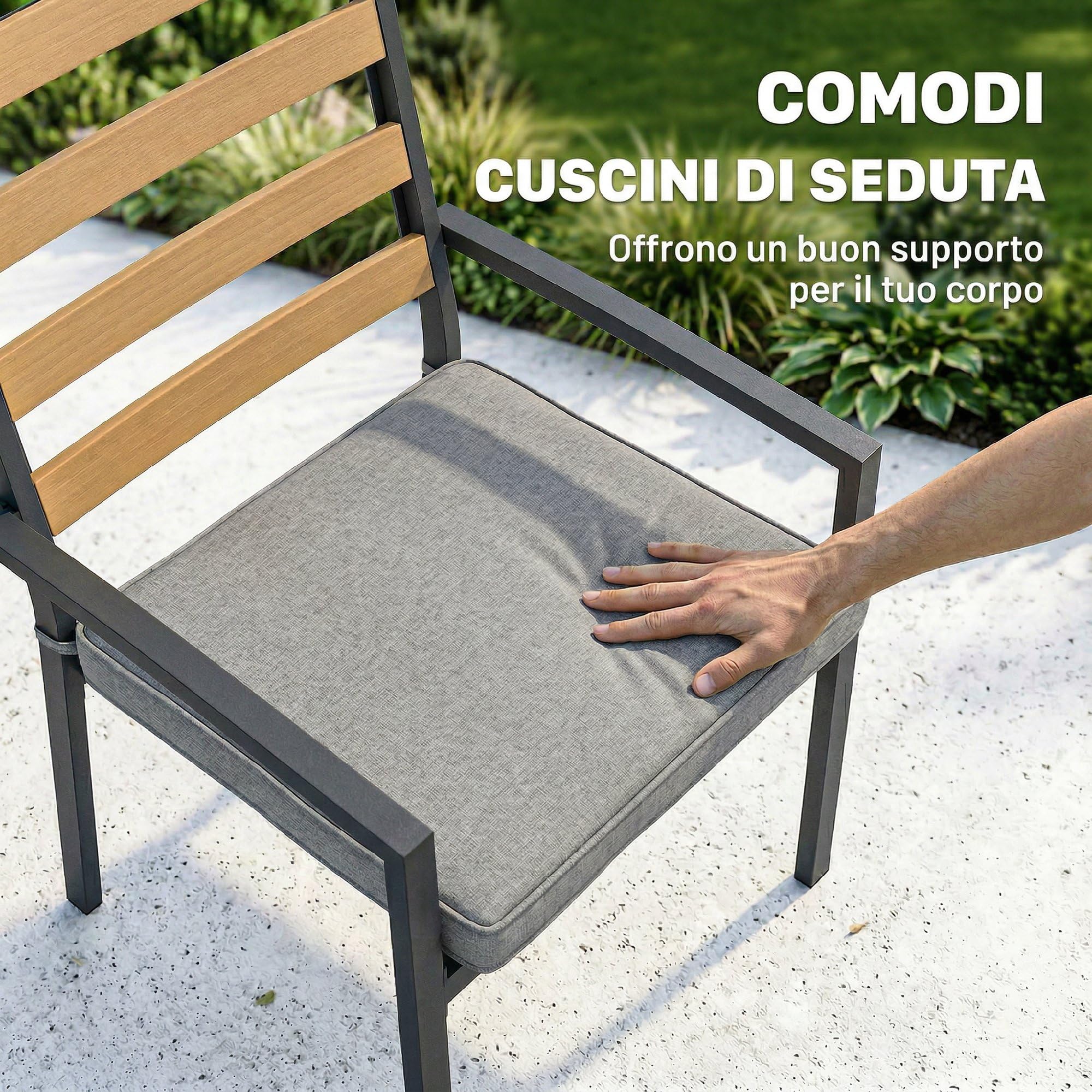 Outsunny Set Tavolo e Sedie da Giardino 7 Pezzi, Set Pranzo Esterno con Tavolo da Giardino Rettangolare in Vetro Temperato, 6 Sedie, Cuscini, Struttura Acciaio Zincato per Terrazza Balcone, Nero