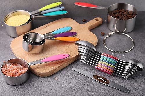 Miniatura 6 de Juego de tazas y cucharas medidoras de acero inoxidable, incluye 8 tazas medidoras apilables, 8 cucharas medidoras magnéticas de doble cara con 1
