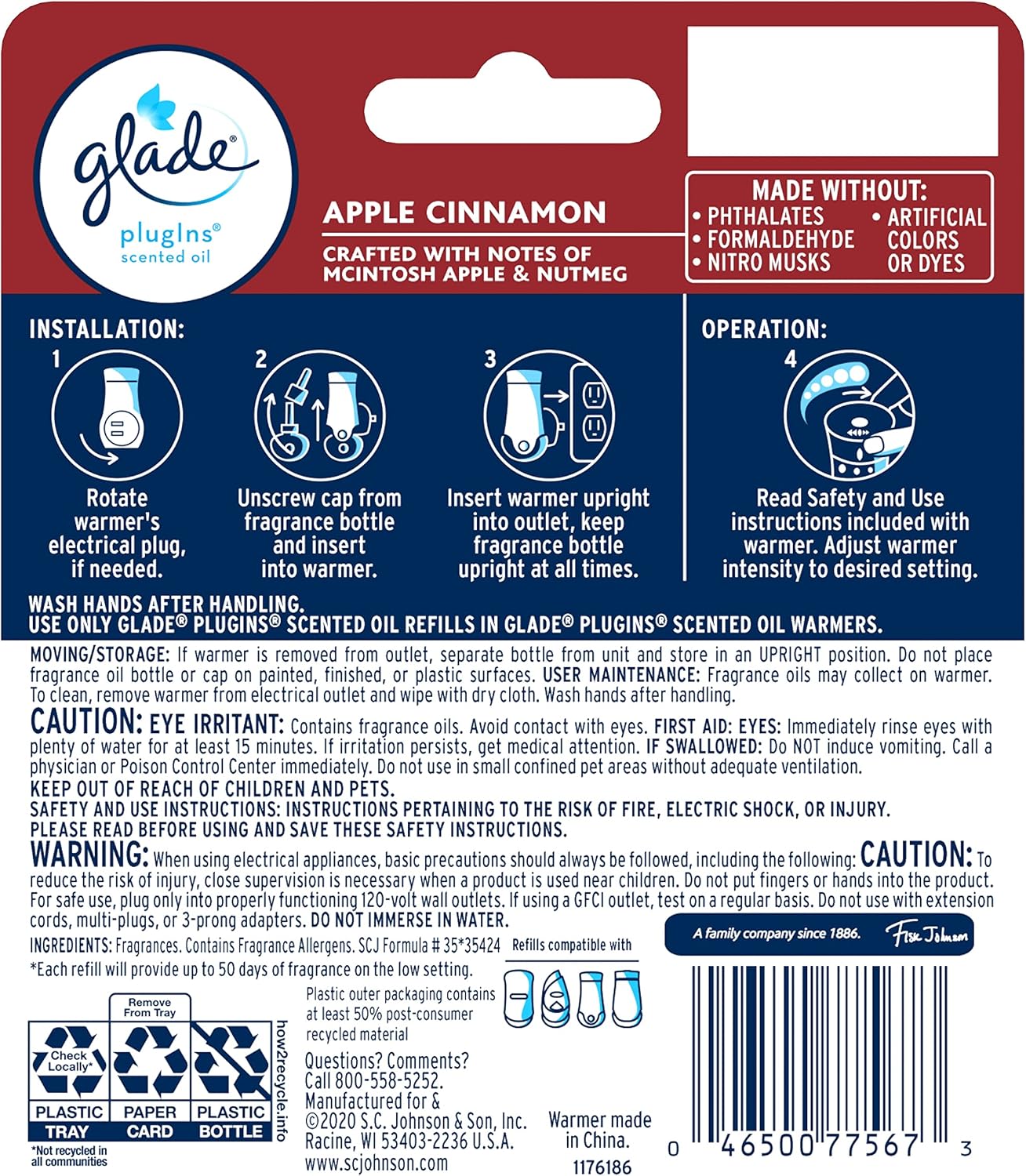 Glade PlugIns Refills Air Freshener Starter Kit, Scented and Essential Oils for Home and Bathroom, Apple Cinnamon, 1.34 Fl Oz, 1 Warmer + 2 Refills