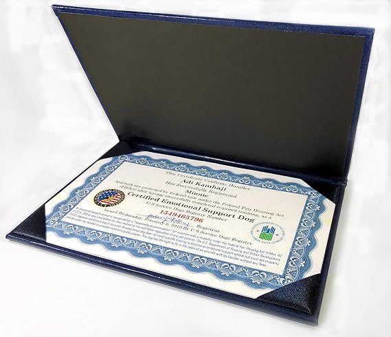 Official Certified Emotional Support Dog Certificates & Leather Presentation Folder, Customized Set of 2 Certificates Includes Handler/Dog Info PVC Card-with Registration at U S Service Dogs Registry