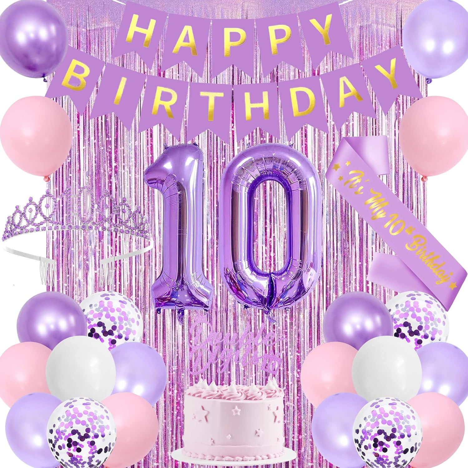 Trgowaul Purple Pink 10th Birthday Decorations for Girls, Double Digits Birthday Party Supplies Banner, 10th Sash and Crown, Cake Topper, 10 Number Balloon, Fringe Curtains, 10 Year Old Girl Decor Set