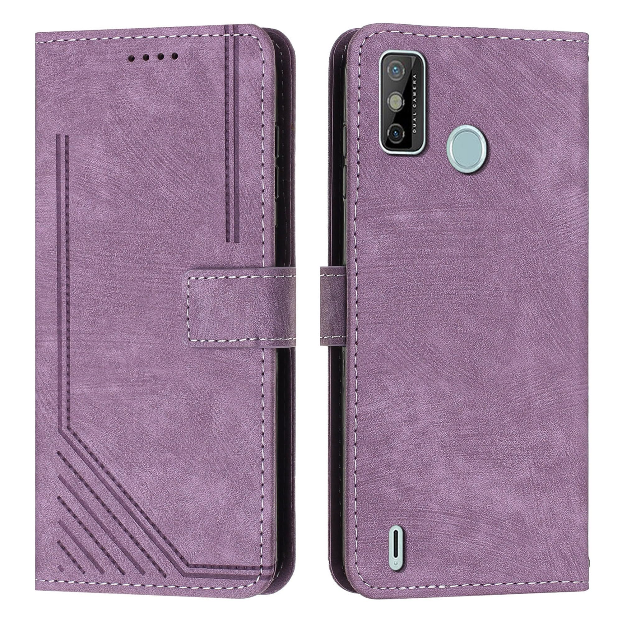 Protective Cover for Tecno Spark Go 2020-2021 / Spark 6 GO (6.52 Inch) PU Leather Flip Case Streak Print with Built Stand Magnetic Closure Wallet Phone Shell Holster Purple