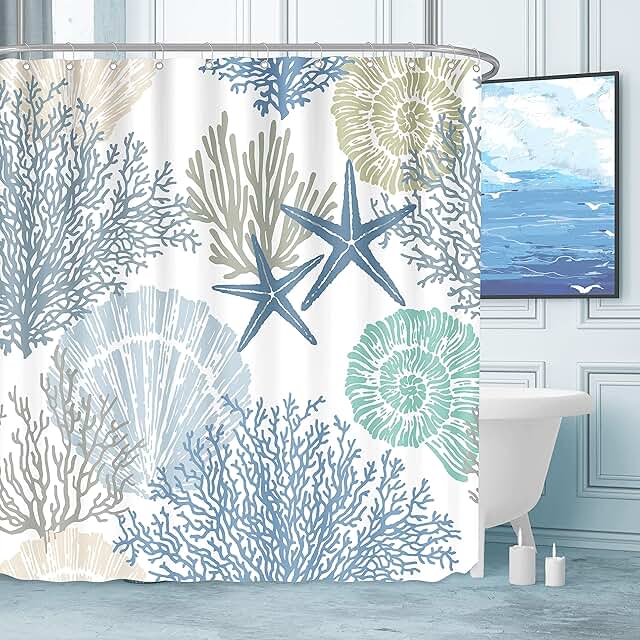 Tritard Nautical Coastal Waterproof Fabric Shower Curtain Starfish Seash...