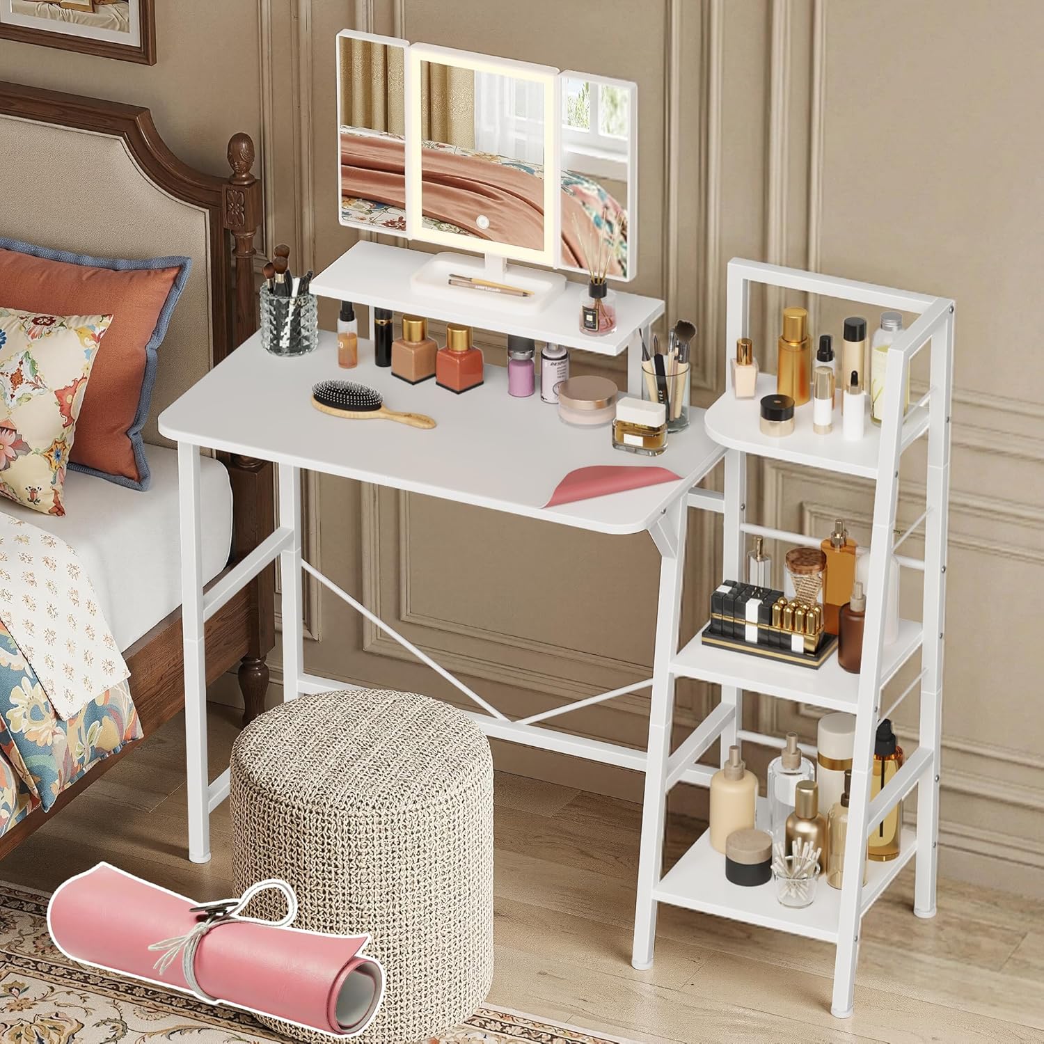 Makeup Vanity Desk with Mirror&Lights and Mat, 33.8''W 3-Tier Storage Shelves, Vanity Table with Stand for Girls Gifts Bedroom, Vertical Storage for Small Spaces, Dorm, Kids Room, White