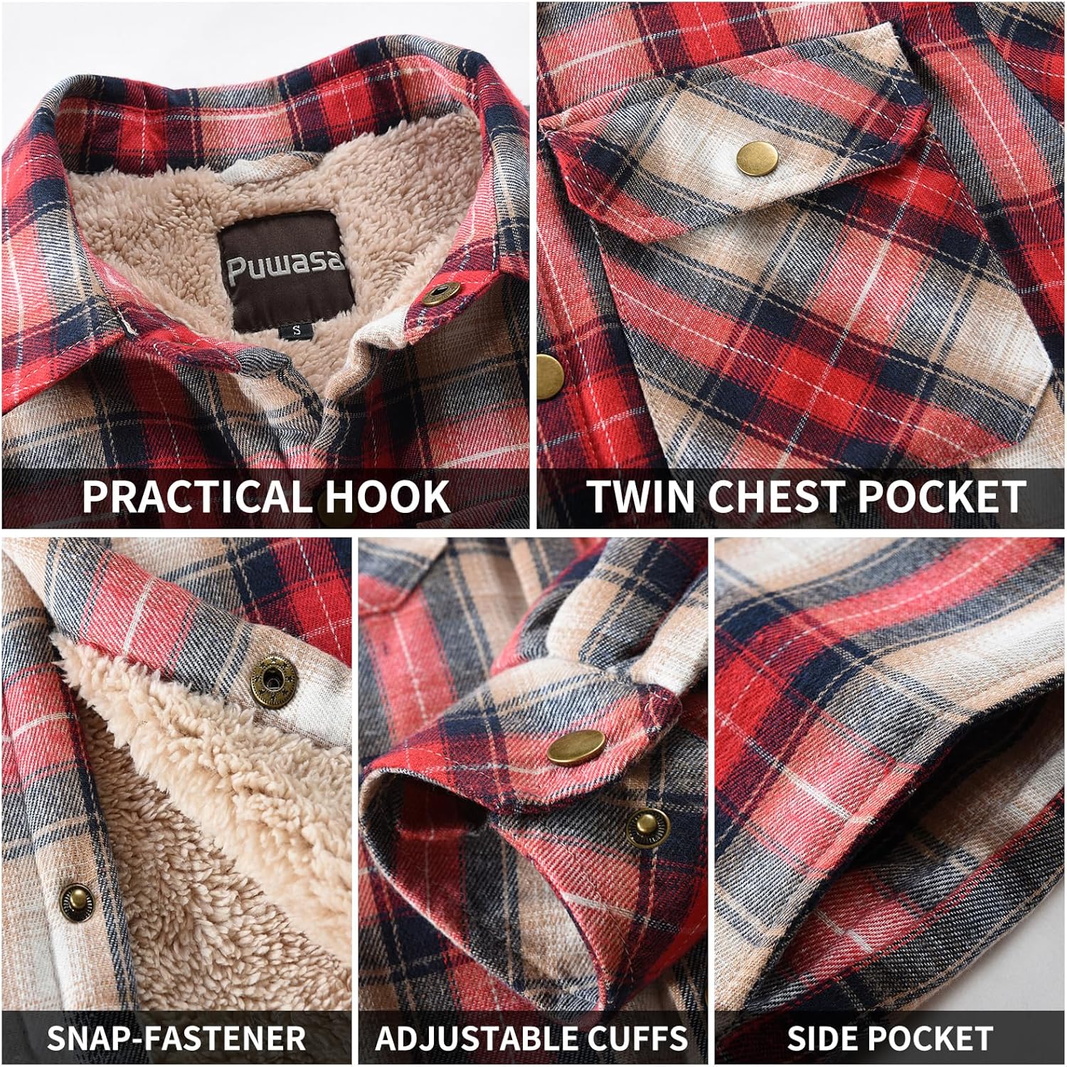 Men's Sherpa Lined Cotton Flannel Shirt Jacket Plaid Button Up Jacket Coat for Men with Pocket - Image 6