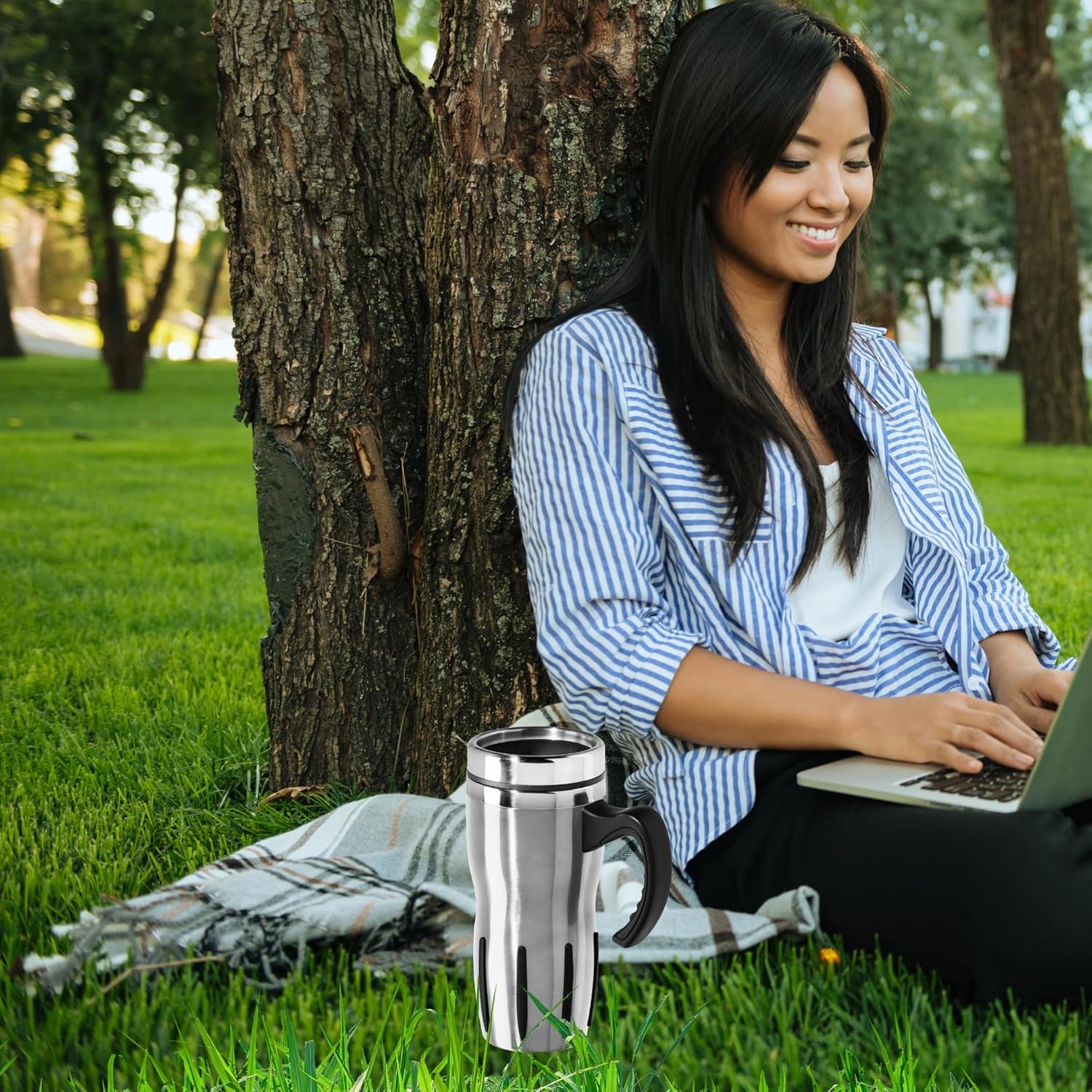 Oggi Multigrip Stainless Steel Thermal Travel Mug - 16oz, with slide open lid for hot and cold beverages. - Image 5