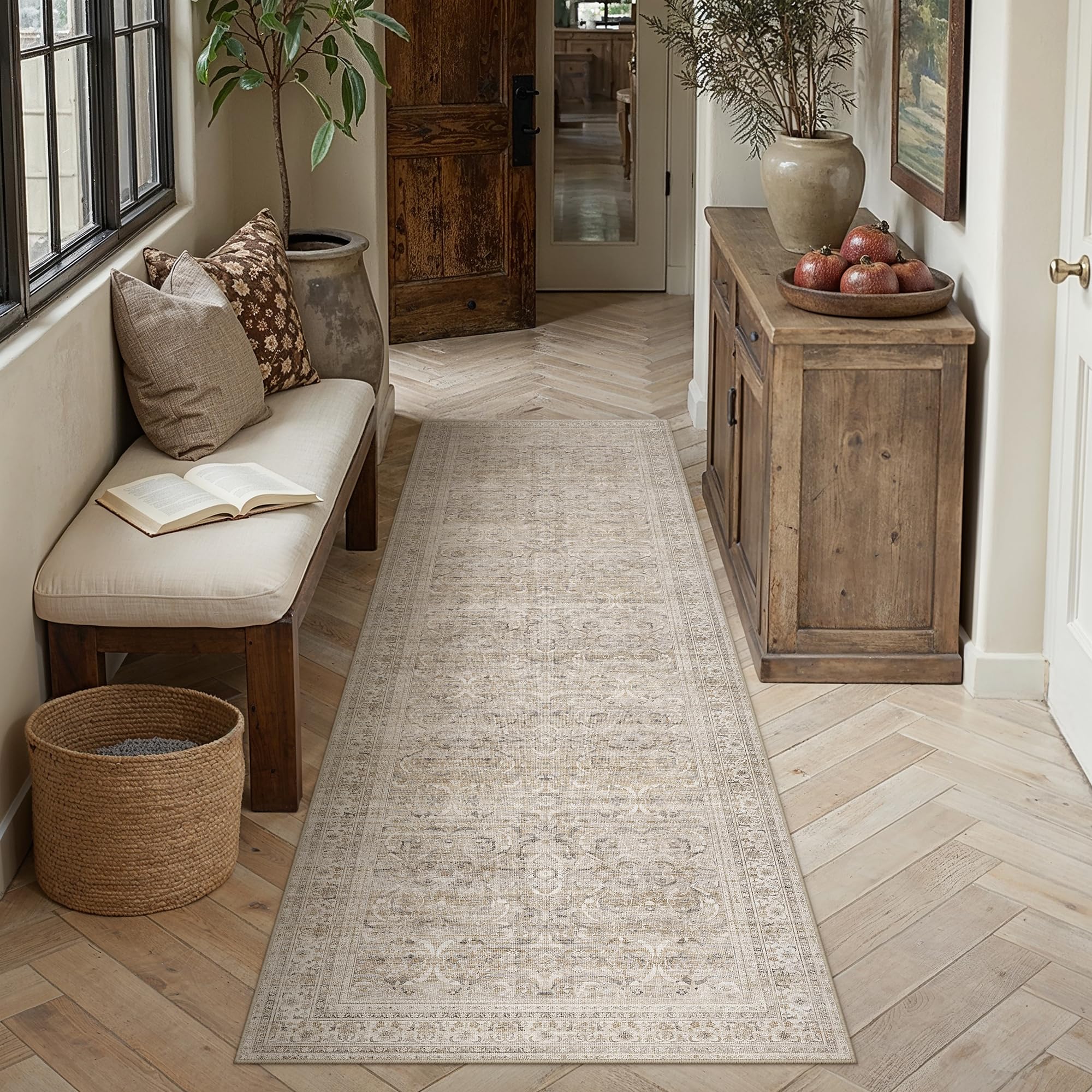 PureCozy Runner Rugs for Hallway 60x240cm Vintage Beige Washable Non-Slip Long Area Carpet for Bedroom Kitchen Lounge Bedside Office Corridor Porch Indoor