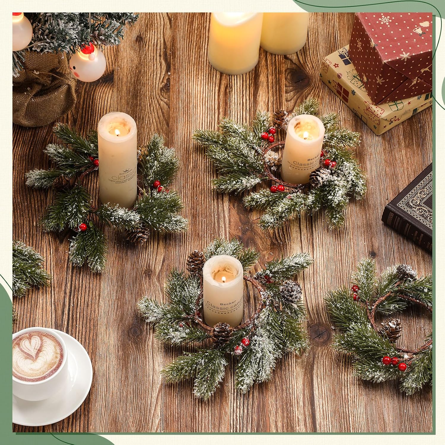 Hotop 8 Pcs Mini Christmas Wreaths for Kitchen Cabinet Small Christmas Ring Wreaths Pillar Rings Table Centerpieces Hanging Garlands for Front Door Window Decor