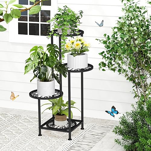 Miniatura 9 de Soporte para plantas de 4 niveles para interiores y exteriores, soporte de exhibición de metal para flores, múltiples plantas esquineras altas para