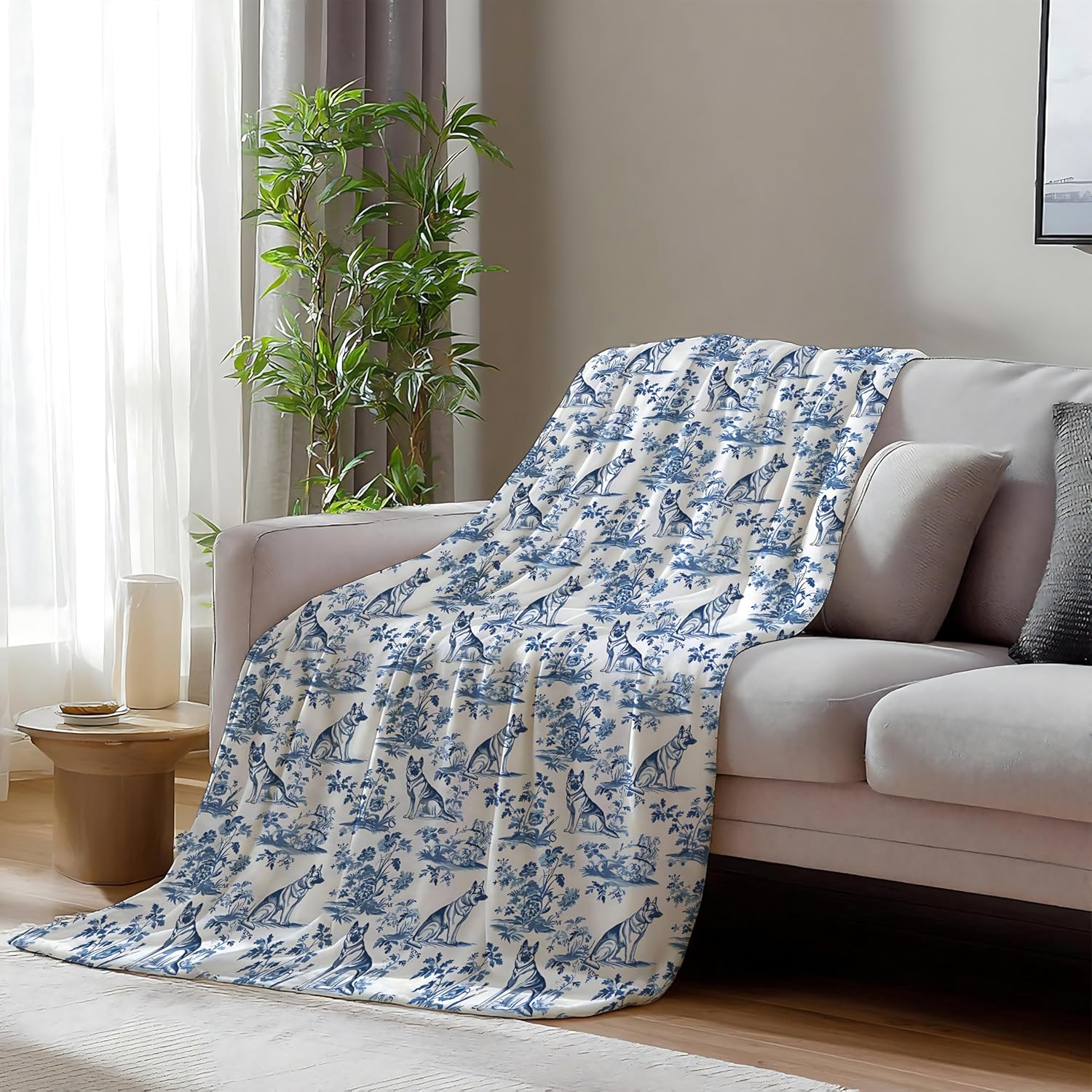 Chinoiserie German Shepherd Blanket Decor,German Shepherd Gifts for Women,Grandmillennial Blue and White French Toile Dog Throw Blanket for Home Bedroom Room Couch Bed Decor, 50x60 Inches