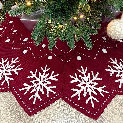 Miniatura 8 de Falda de árbol de Navidad de doble cara de 60 pulgadas, color rojo burdeos y blanco con borde dentado, lavable de punto