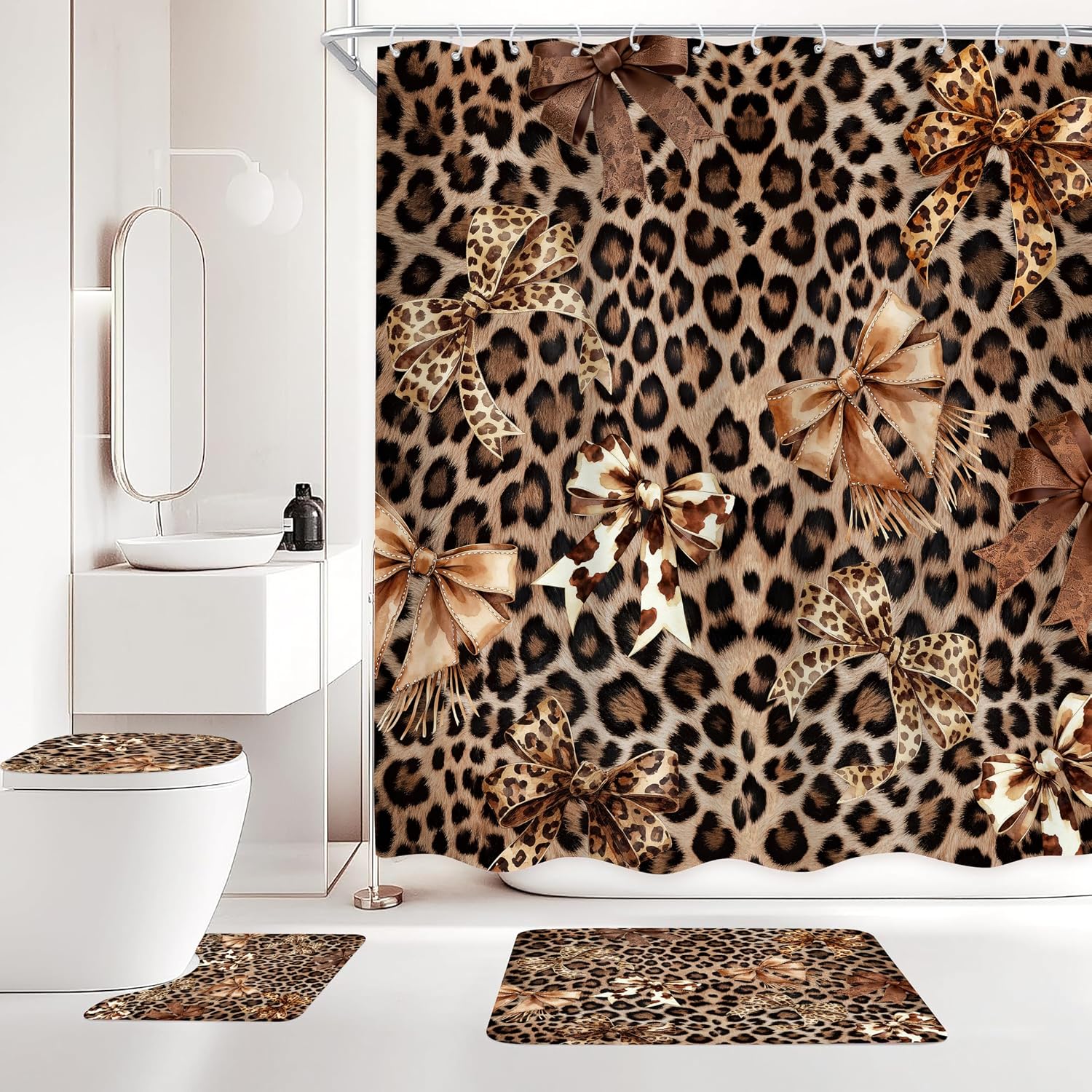 4 PCS Leopard Print Shower Curtain Sets with Rugs Bathroom Set 72"x72" image 2