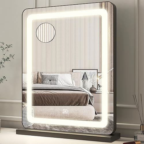 Vierose Espejo de tocador con luces, espejo de maquillaje iluminado de 18 x 22 pulgadas, aumento 5X, espejo LED con control táctil inteligente, 3