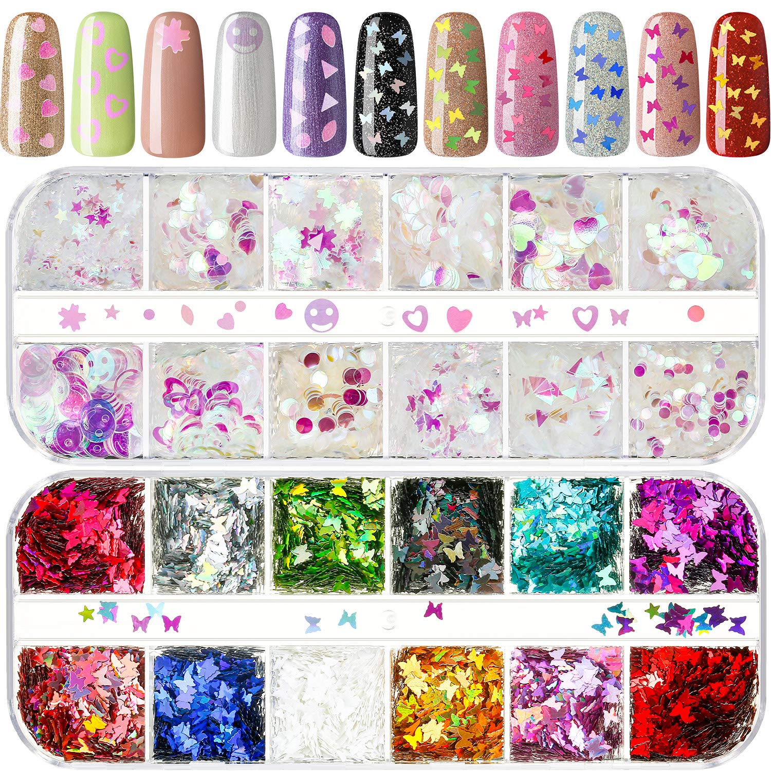 2 Packs Nail Sequin Nail Glitter Sequins Mixed Paillettes Holographic Nail Art Sparkly Glitter Sheets Tips Manicure Nail Decoration for Nail Crafts Face Eyes Body (Iridescent Mermaid, Butterfly)