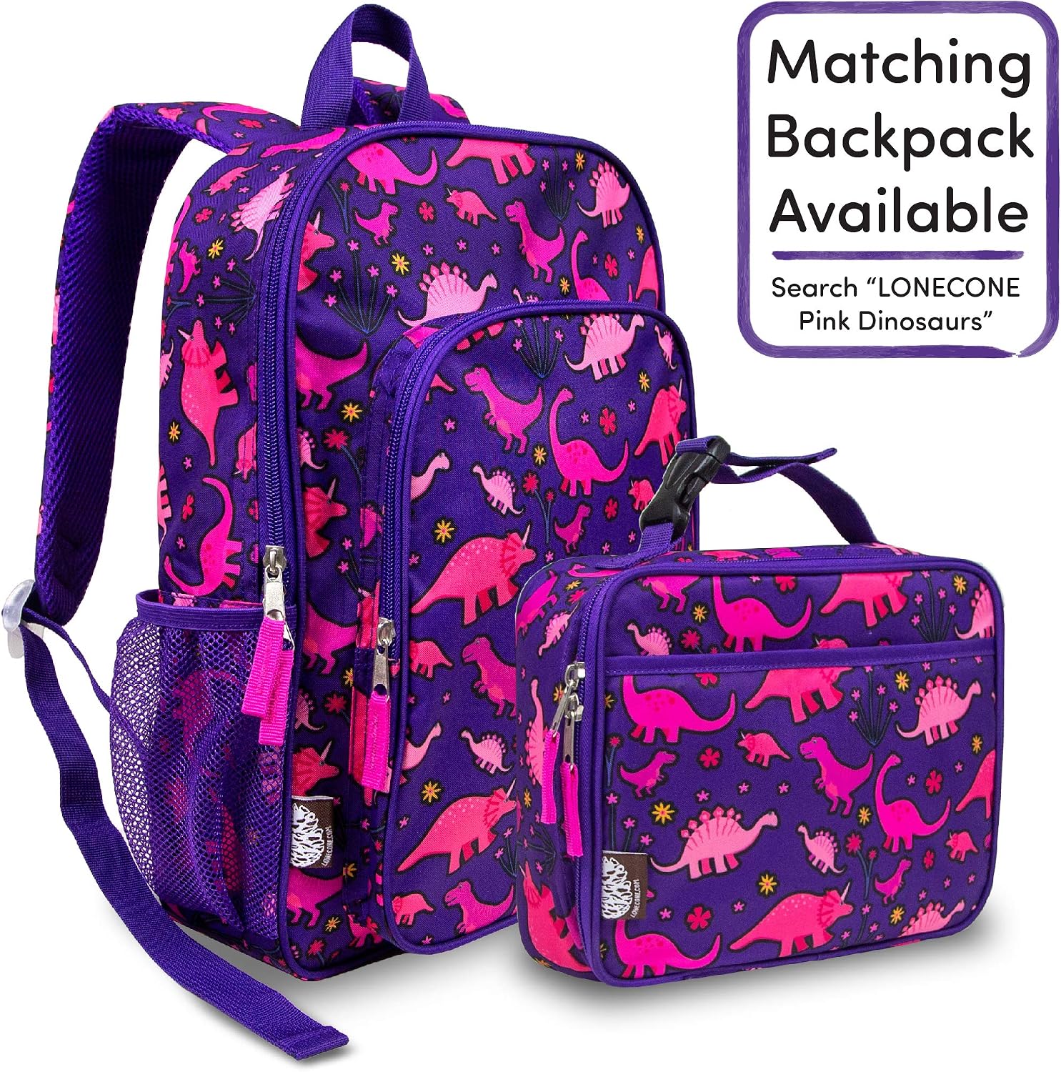 LONECONE Kids' Insulated Fabric Lunch Box - Cute Patterns for Boys and Girls, Pink Dinosaurs, Standard