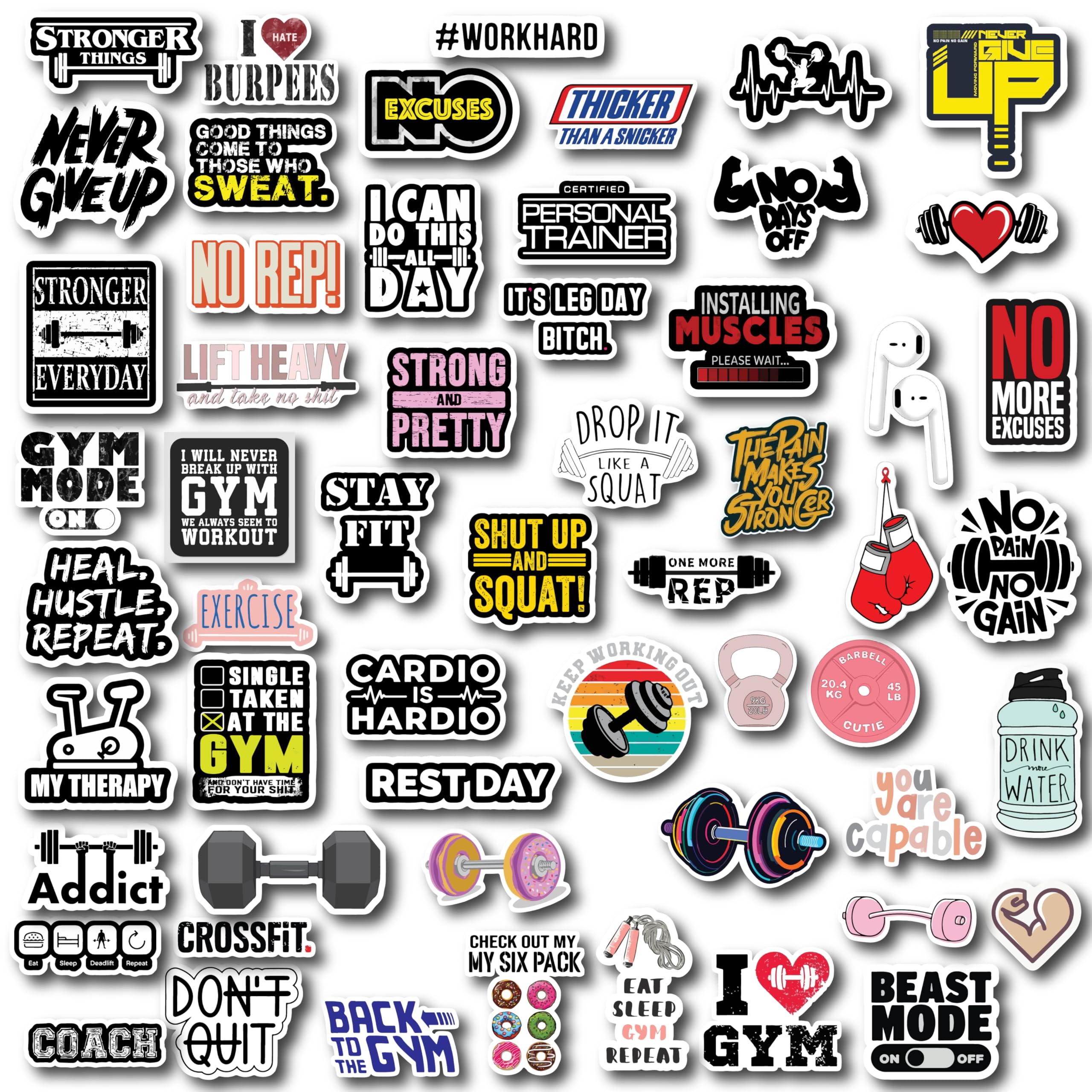 d2c gym motivation sticker set – pack of 57 fitness & workout inspired decal collection for water bottles, laptops, and gym gear – perfect for fitness enthusiasts, trainers, and workout inspiration