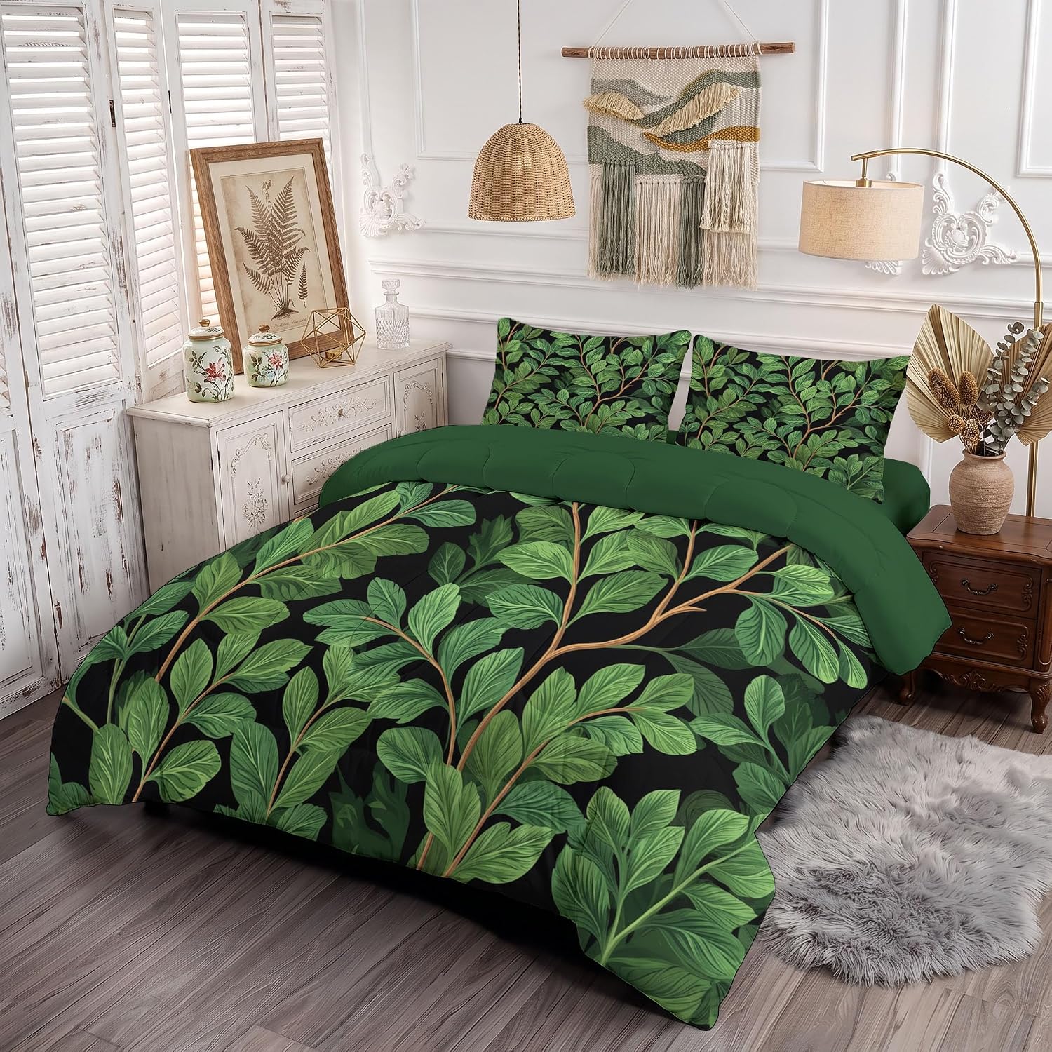 Lush Vegetation Comforter Set Twin Size, Vines and Leaves Print Breathable Bedding Set for Girls Boys Teens, Green Quilt Duvet with 2 Pillow Cases