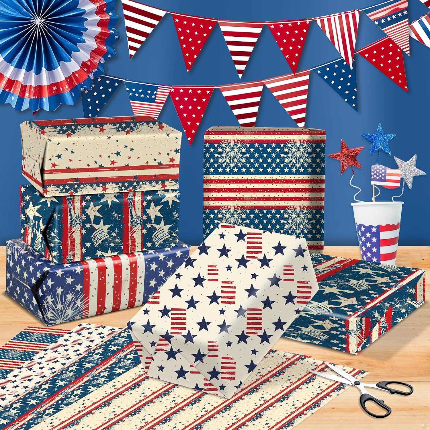 12 Sheets Patriotic Wrapping Paper - Vintage American Flag & Statue of Liberty Design, Independence Day Gift Wrap for 4th of July & Memorial Day, President's Day, 19.7” x 27.6” (Red, White & Blue)