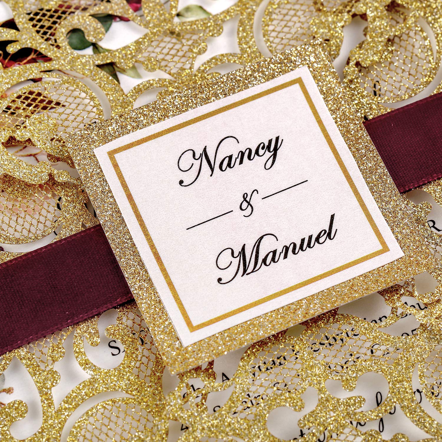 Hochzeitseinladungen mit Umschlägen, 16,5 x 16,3 cm, blanko, dunkles Gold, Glitzer, lasergeschnitten, hohler Rose Tasche burgunderrotem Band, Bauchband, Hochzeitseinladungskarten für