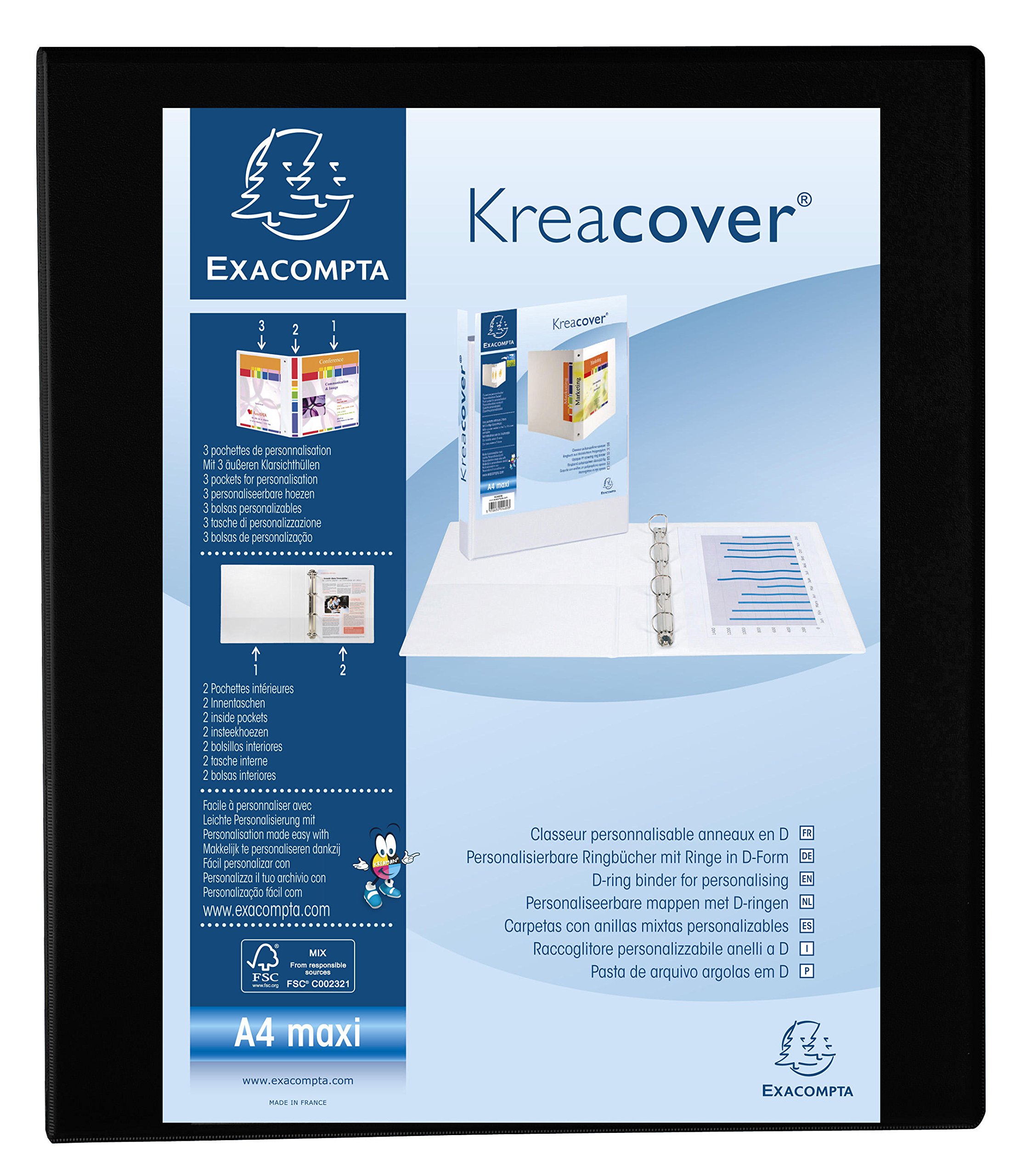 Exacomptaref. 51846NE - 1 customizable rigid opaque binder with 3 pockets - 4 D-rings of 25 mm - Spine 47 mm - External dimensions: 32 x 27.7 cm - Format to be filed A4 Maxi - Colour: blackThe Forest Stewardship Council