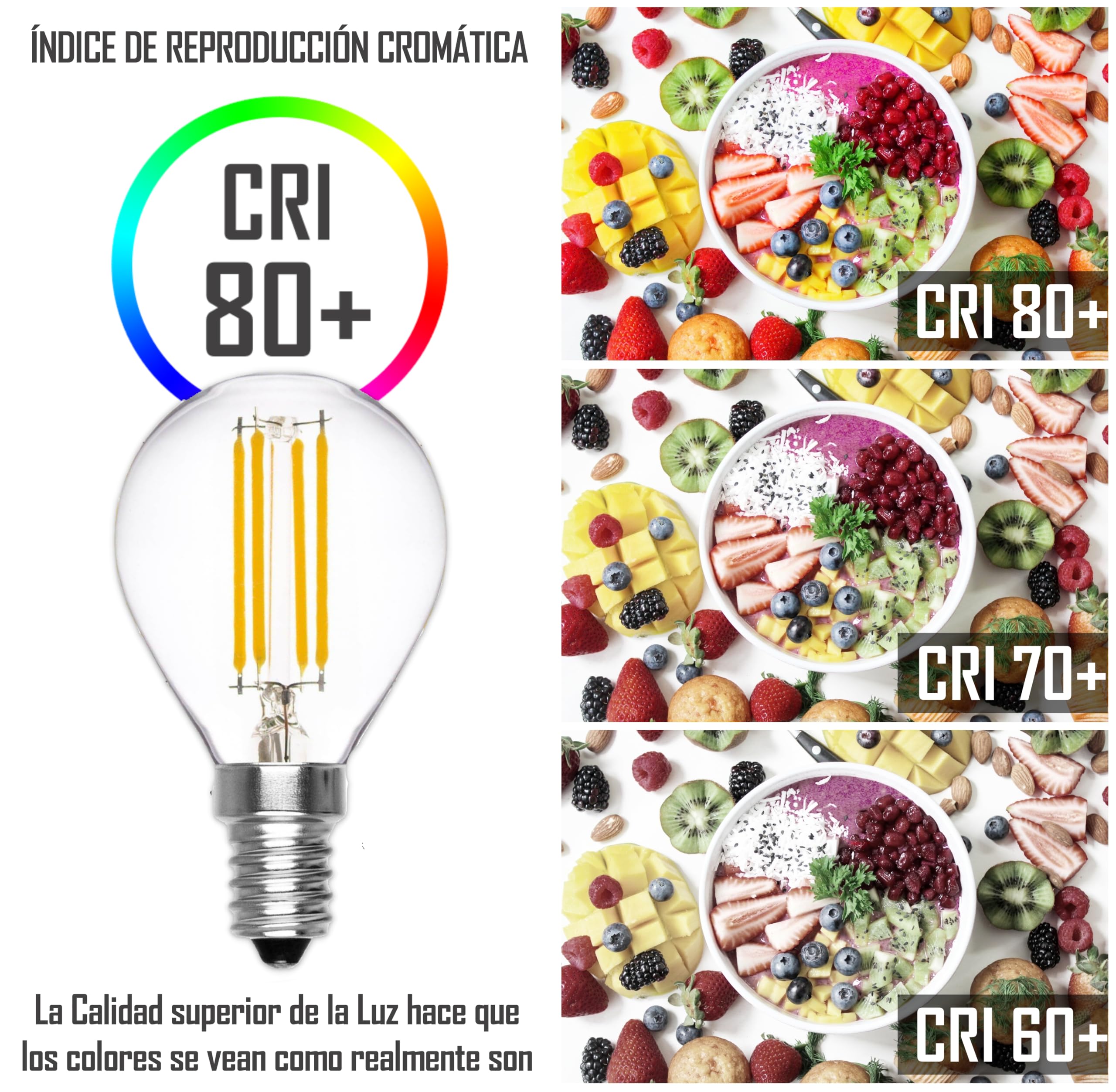 CLAR - Bombilla Led 4W, E14, Pequeña, Vintage, Casquillo Fino, Esférica Luz Cálida 3000ºK (Pack 100)