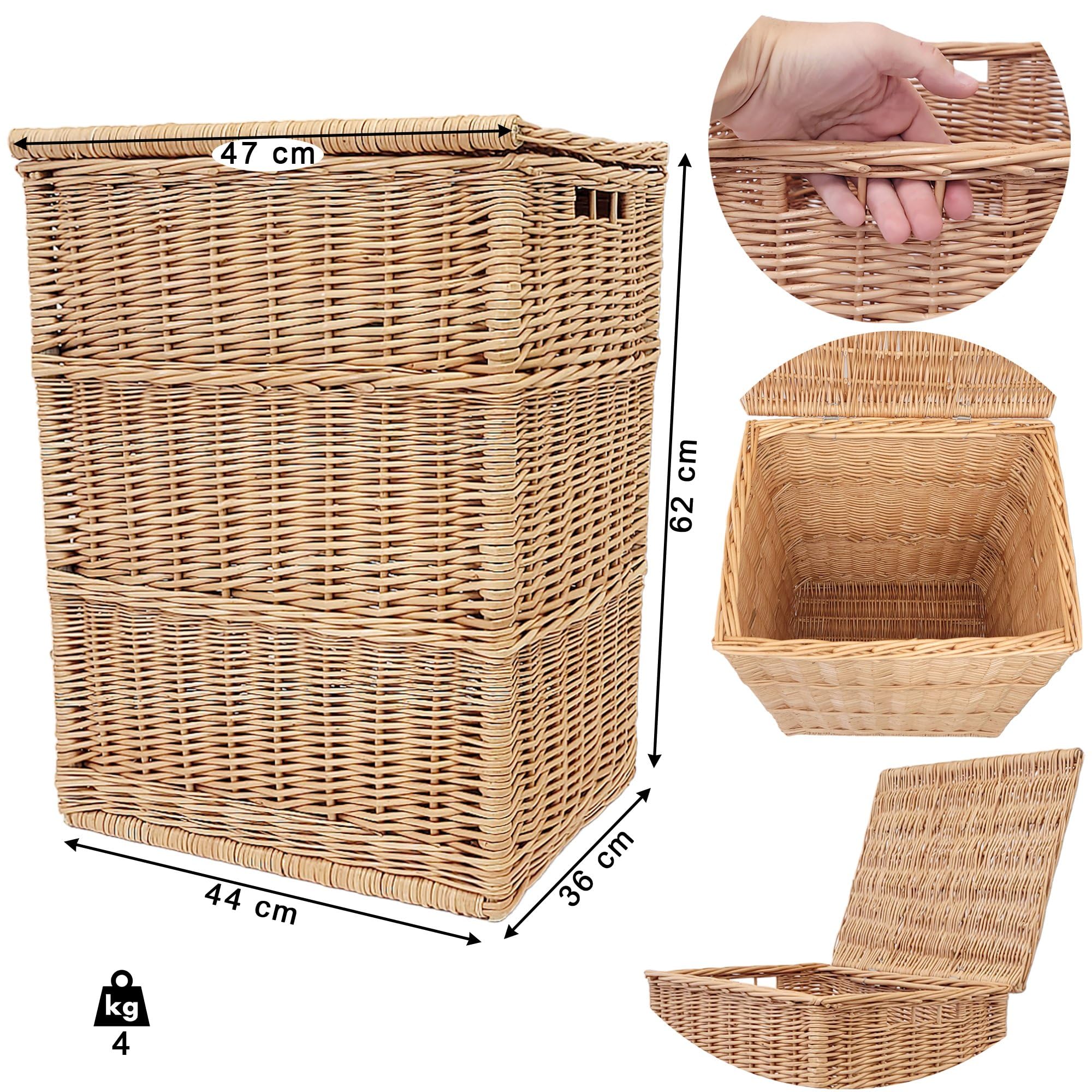 Panier en osier naturel weeco pour linge, vêtements ou jouets, couvercle rabattable et deux poignées de transport. Grand coffre en osier naturel pour vêtements, oreillers et jouets