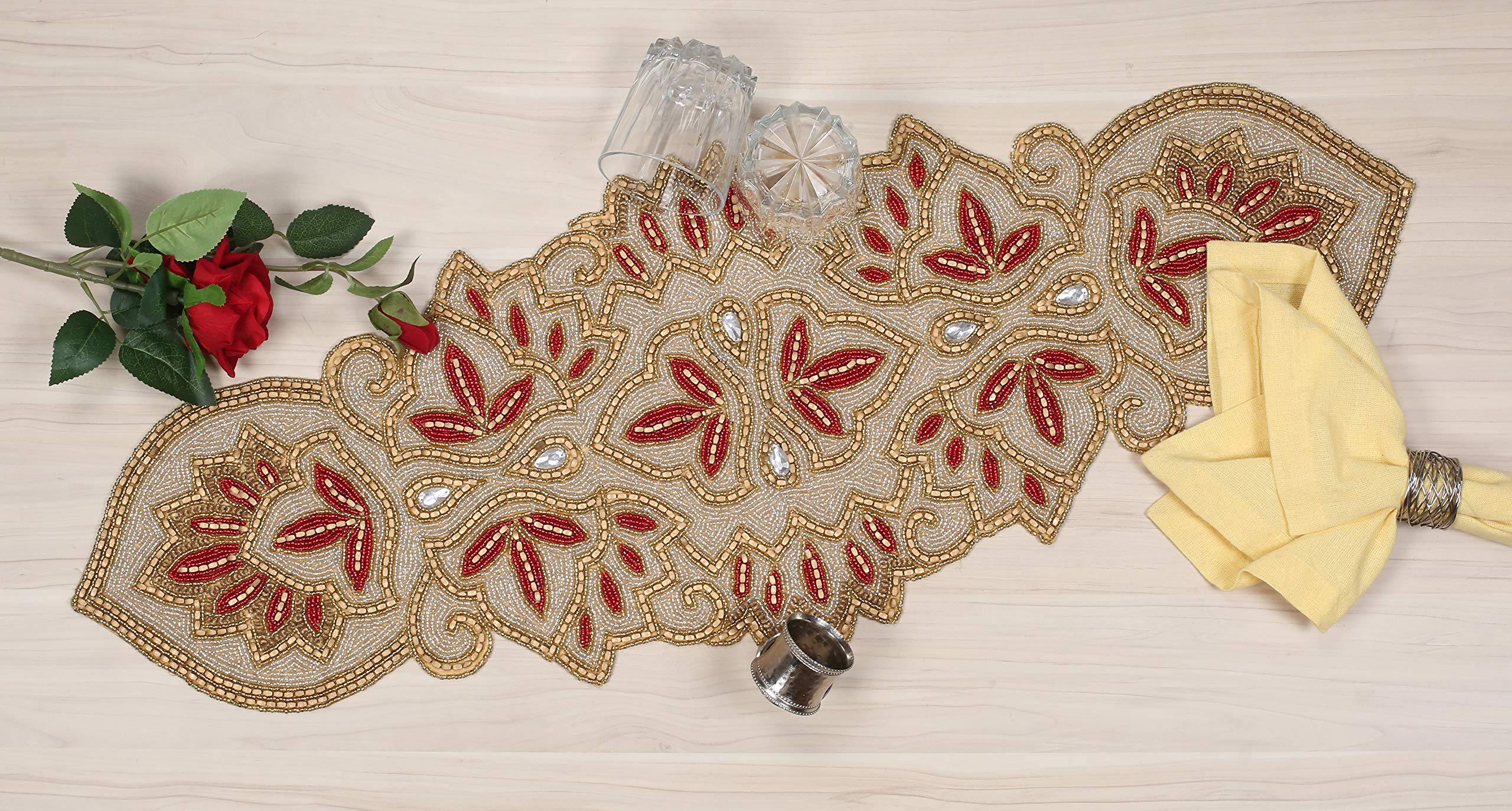 Bedding Craft Silver Maroon Antique Gold Beaded Table Runner