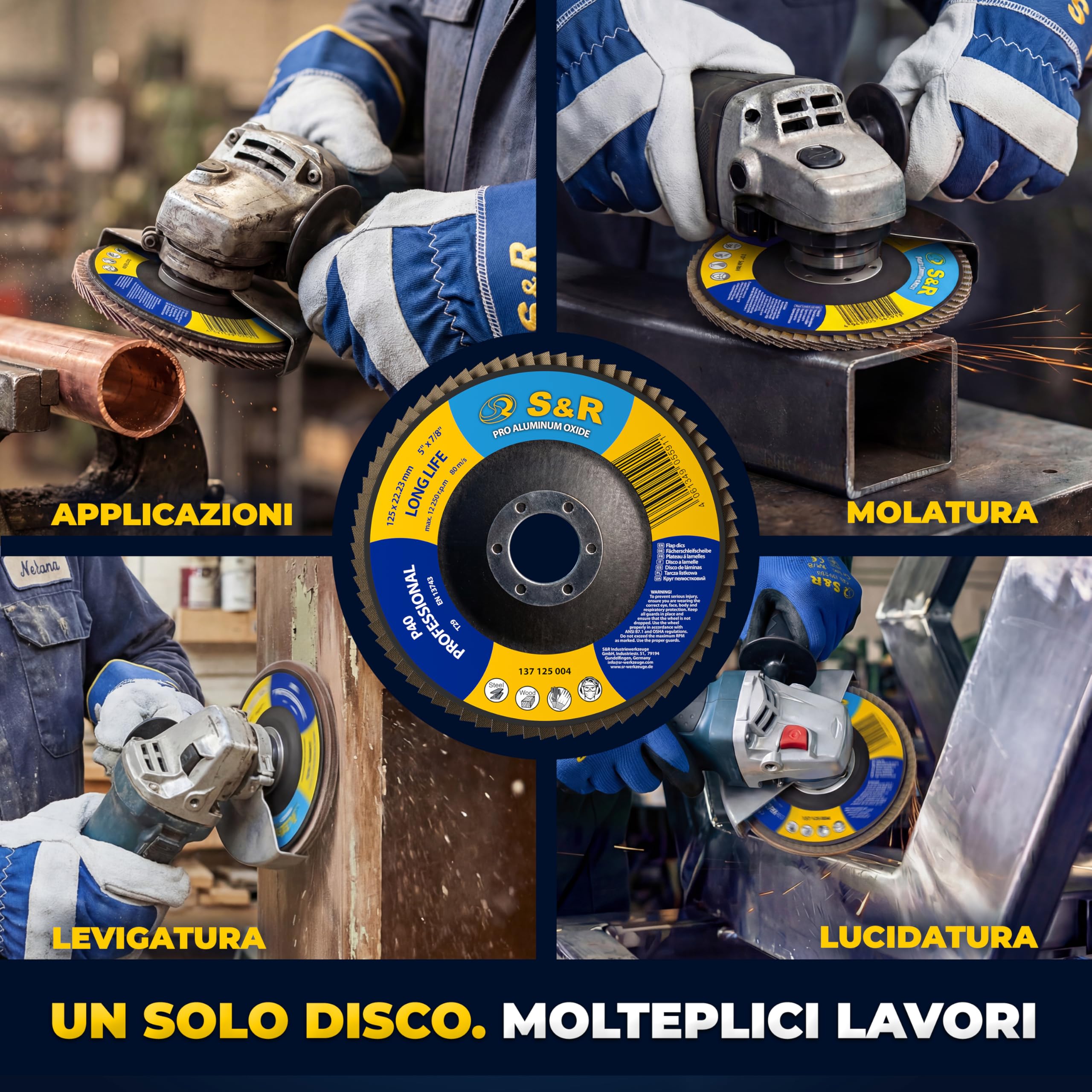 S&R 10 Dischi Lamellari 125x22,23 mm. Disco Abrasivo 125mm Grana 40 per Smerigliatrice. Disco Lamellare 125 – Ossido di Alluminio T29, Grana P40