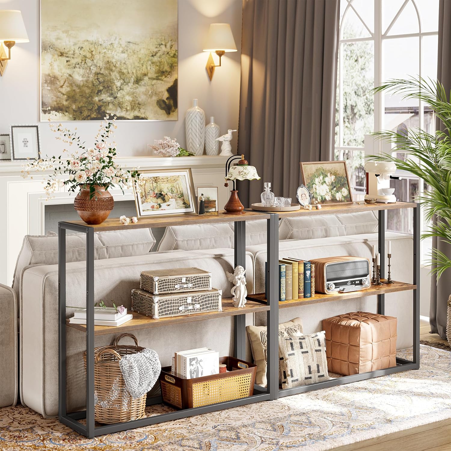 tiqlab small entryway table, 29.5" narrow console table with shelves, sofa table, couch table, side table, entry table for hallway, living room, small space, rustic brown