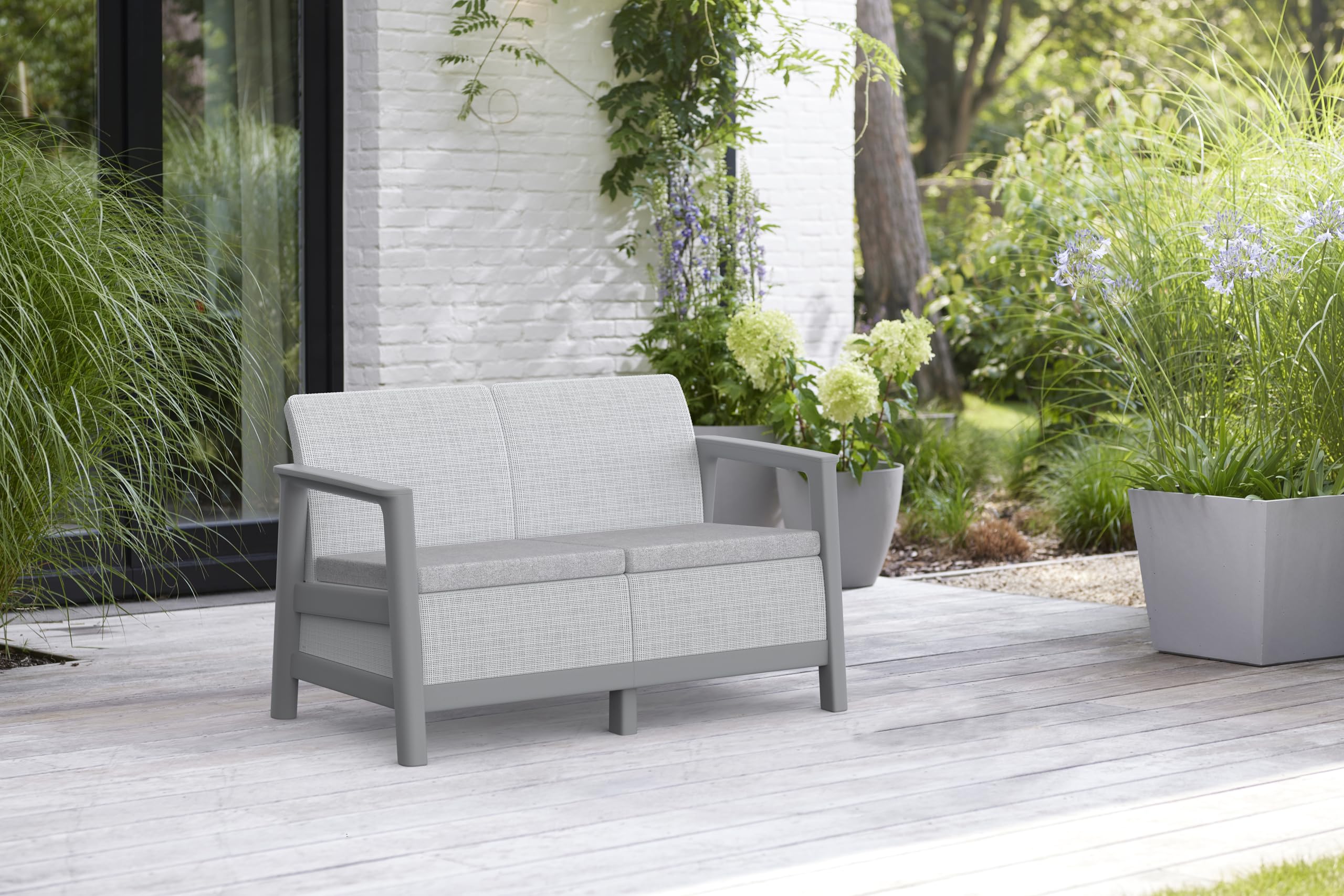 Keter Salottino da Giardino Scandi Linea, Finitura Effetto Iuta, Due Poltrone, Divano, Tavolino Contenitore, Cuscini Inclusi, Grigio