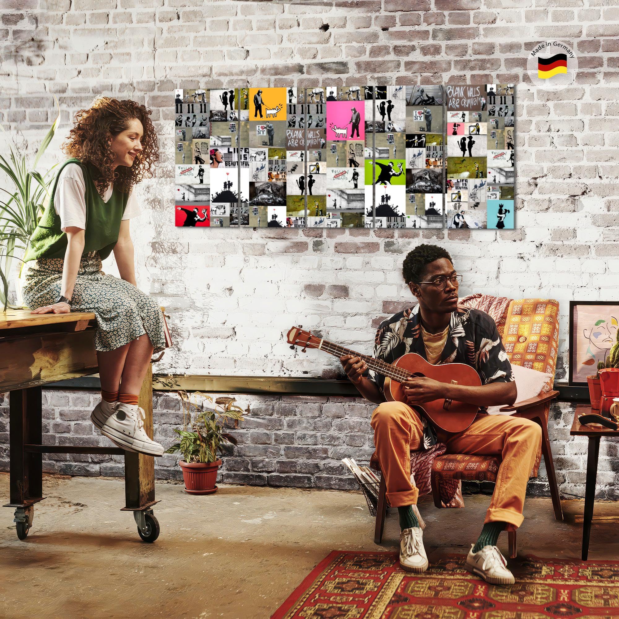Runa Art Wandbild XXL Collage Banksy Loft Wohnzimmer 200 x 80 cm Bunt 5 Teilig - Made in Germany - 302755a