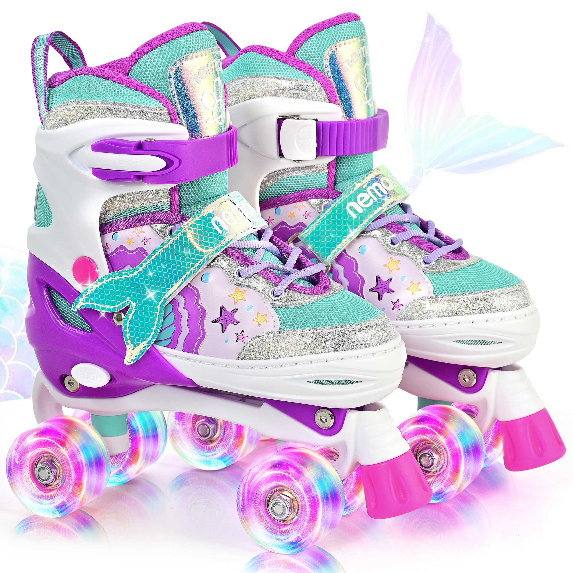 NEMONE Mermaid Adjustable Light up Roller Skates for Girls Boys