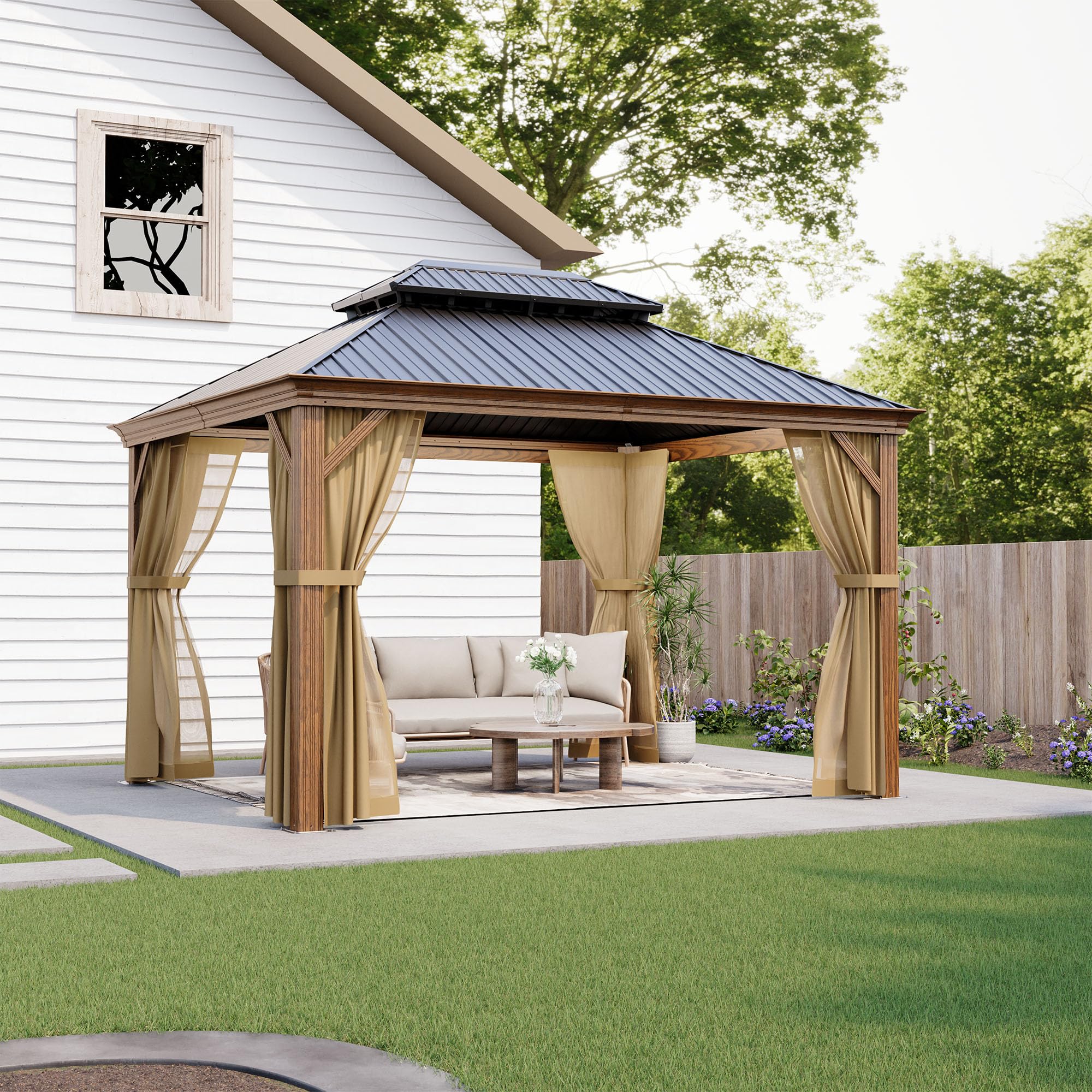 HOMPUS 10X12FT Outdoor Gazebo, Hardtop Gazebowith Galvanized Steel Double Roof, Heavy Duty Metal Gazebos with Netting & Curtains, Patio Aluminum Pavilion for Garden, Backyard, Deck, Drak Walnut